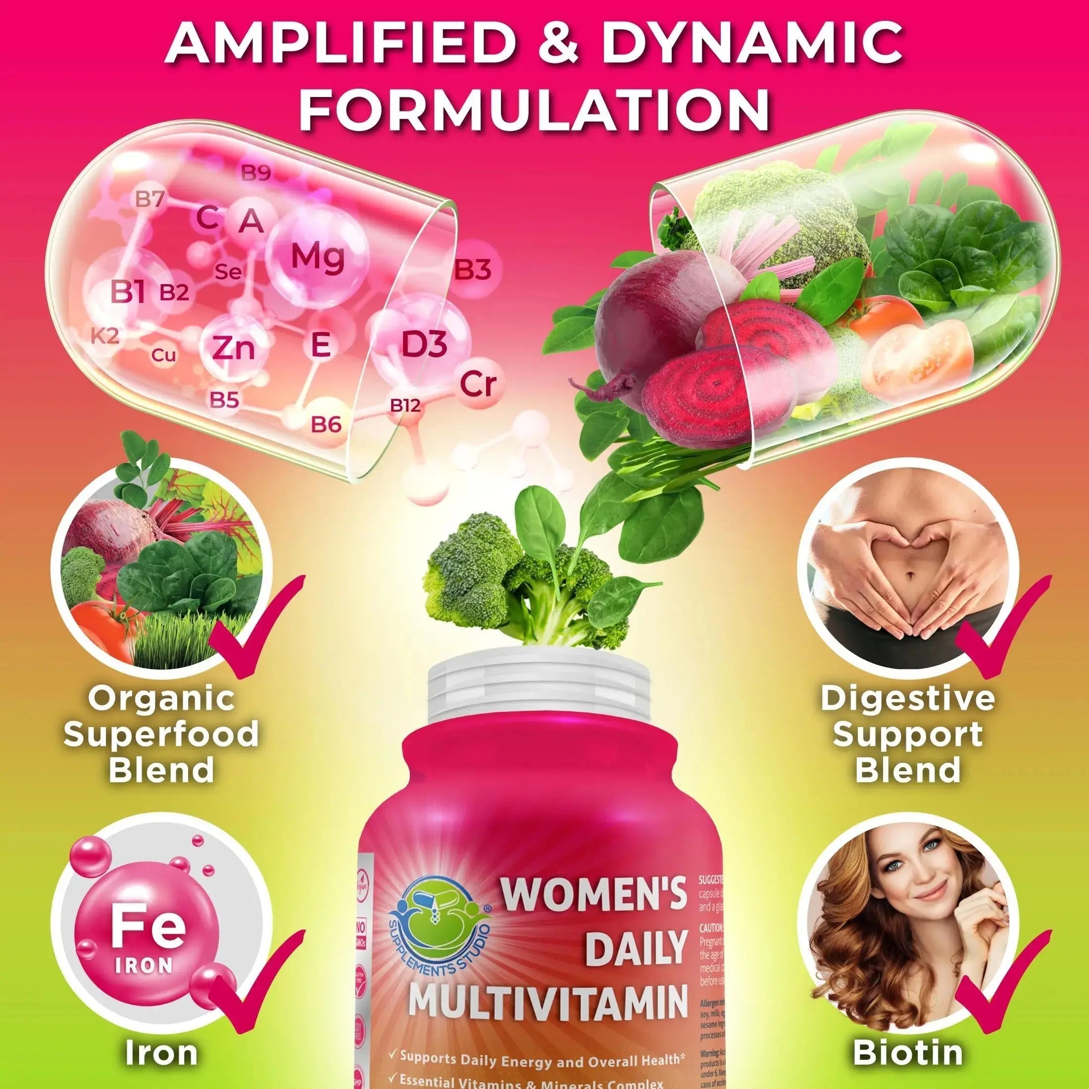SUPPLEMENTS STUDIO Vegan Bone, Immune, & Energy Support Trio – Whole Food Multivitamin with Iron + Women’s Multivitamin with Iron SUPPLEMENTS STUDIO Au supplements