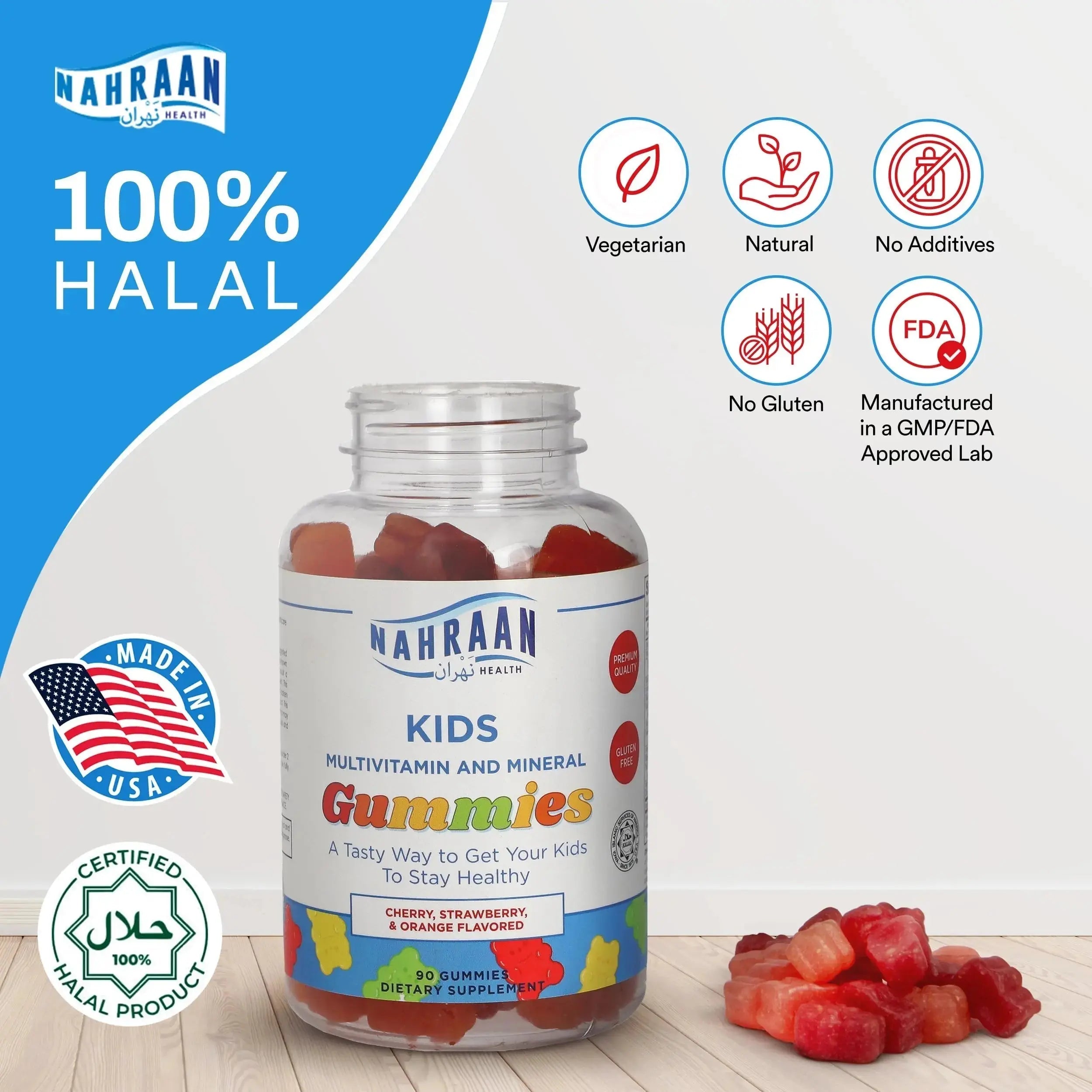 NAHRAAN HEALTH Halal Vitamins for Kids - Halal Multivitamins for Kids Vitamin A, C, D, E, B6, B12 - Non-GMO Vegetarian, Halal Gummies - 90 Count NAHRAAN HEALTH Au supplements