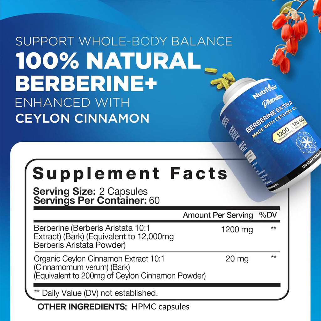 Nutrivein Premium Berberine 1200 mg with Ceylon Cinnamon - 120 Capsules: High-Absorption Berberine Supplement