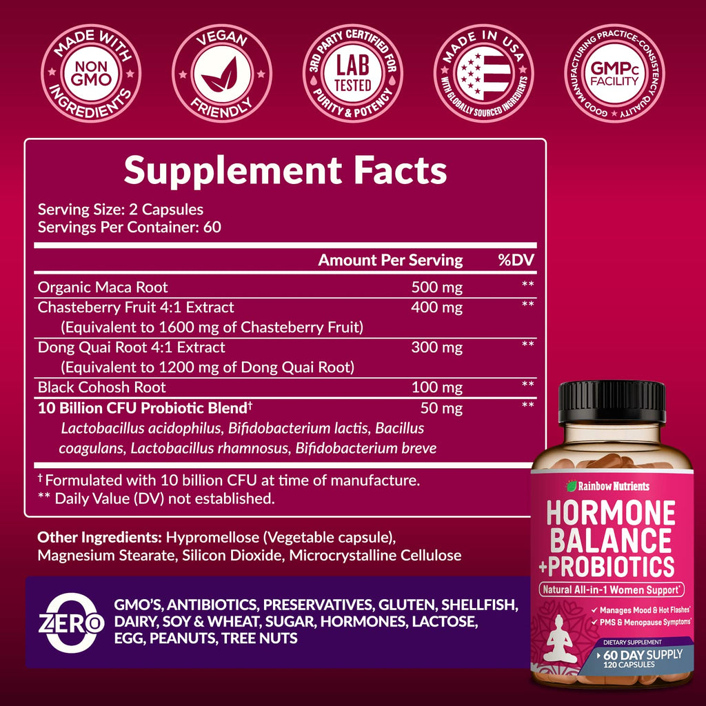 Hormone Balance + Probiotics for Women- Natural Menopause Relief, Weight Management, Bloating, Hot Flashes, PMS | Organic Maca, Chasteberry, Dong Quai & Black Cohosh | Non GMO |120 V Capsules Rainbow Nutrients, LLC Au supplements