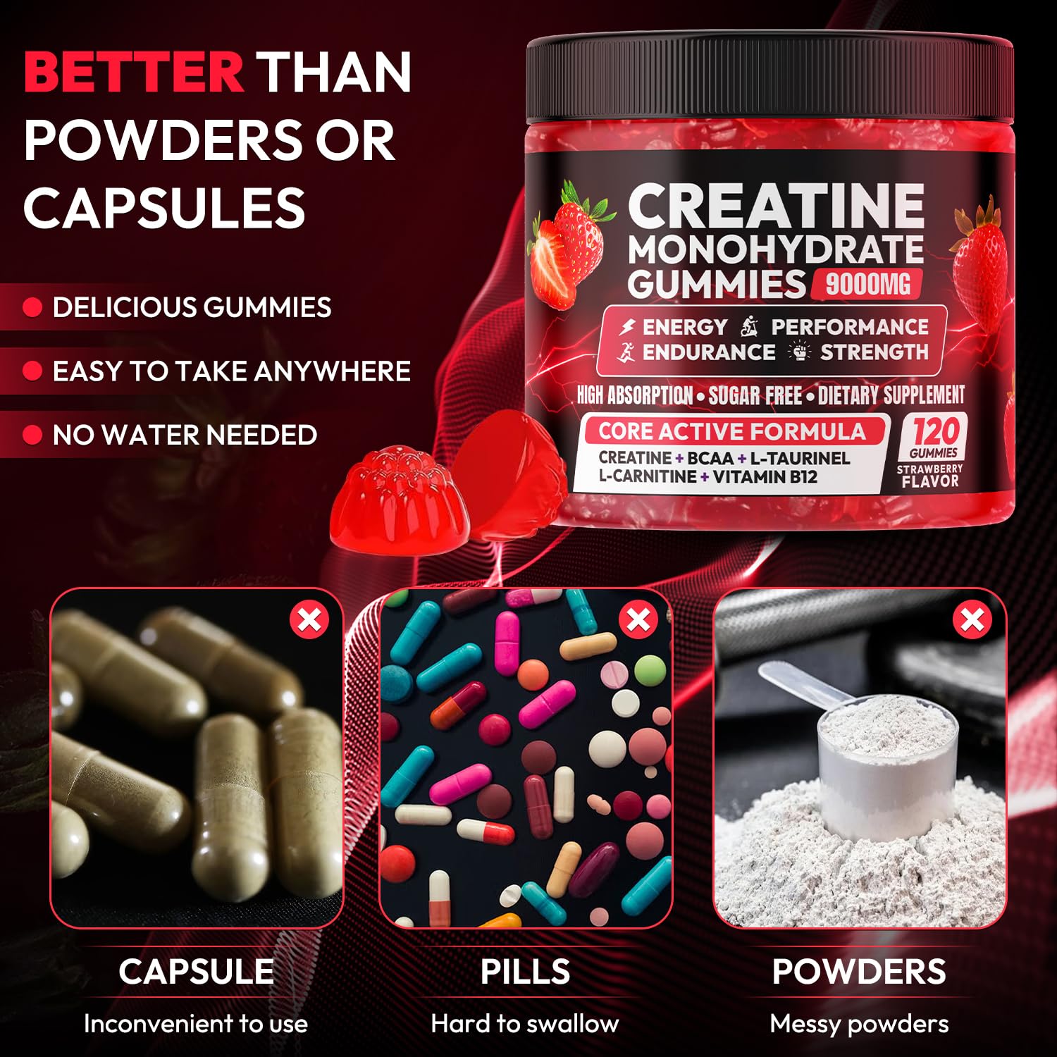 Creatine Gummies Monohydrate Complex 9000MG, Chewable Creatine Monohydrate Gummies for Men & Women with L-Taurine, BCAA 2:1, B12/6, Building Muscle