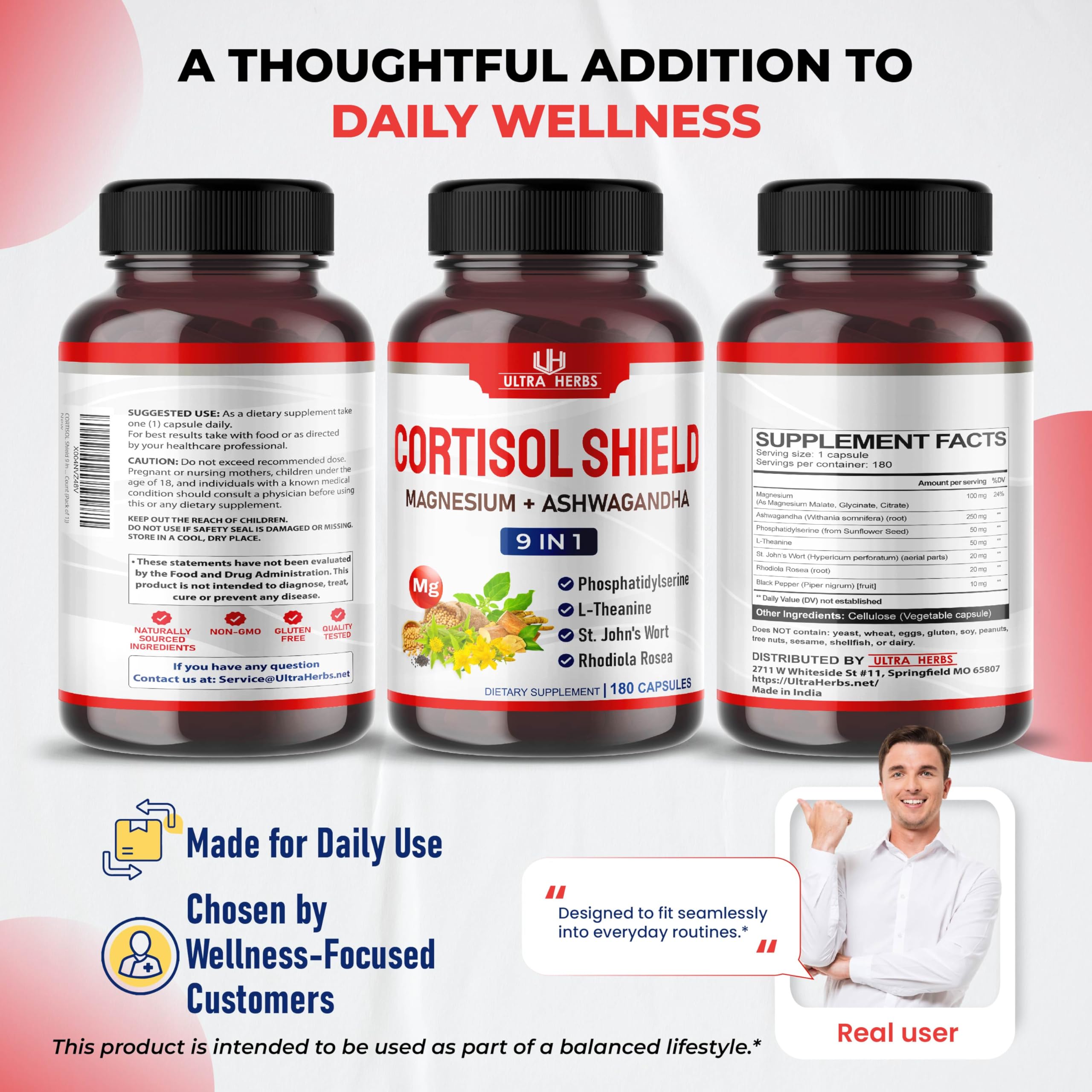 CORTISOL Shield 9-in-1 -Magnesium + Ashwagandha with Phosphatidylserine, L-Theanine, St. John's Wort, Rhodiola Rosea - Relaxation Support, Hormone Balance (180 Count (Pack of 1)) ULTRA HERBS Au supplements