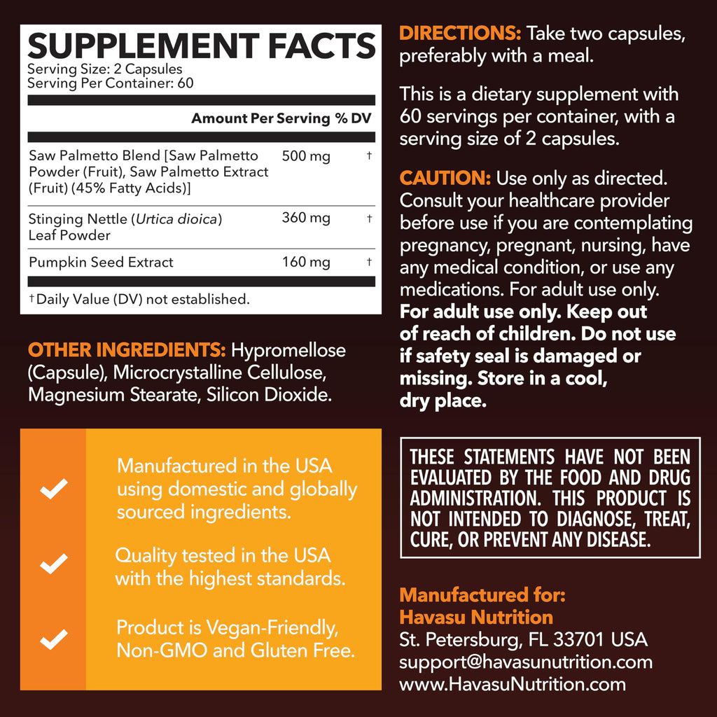 Saw Palmetto Supplement with Stinging Nettle and Pumpkin Seed Extract - Advanced 3X Formula - DHT Blocker Urinary Health and Prostate Support for Mens Health