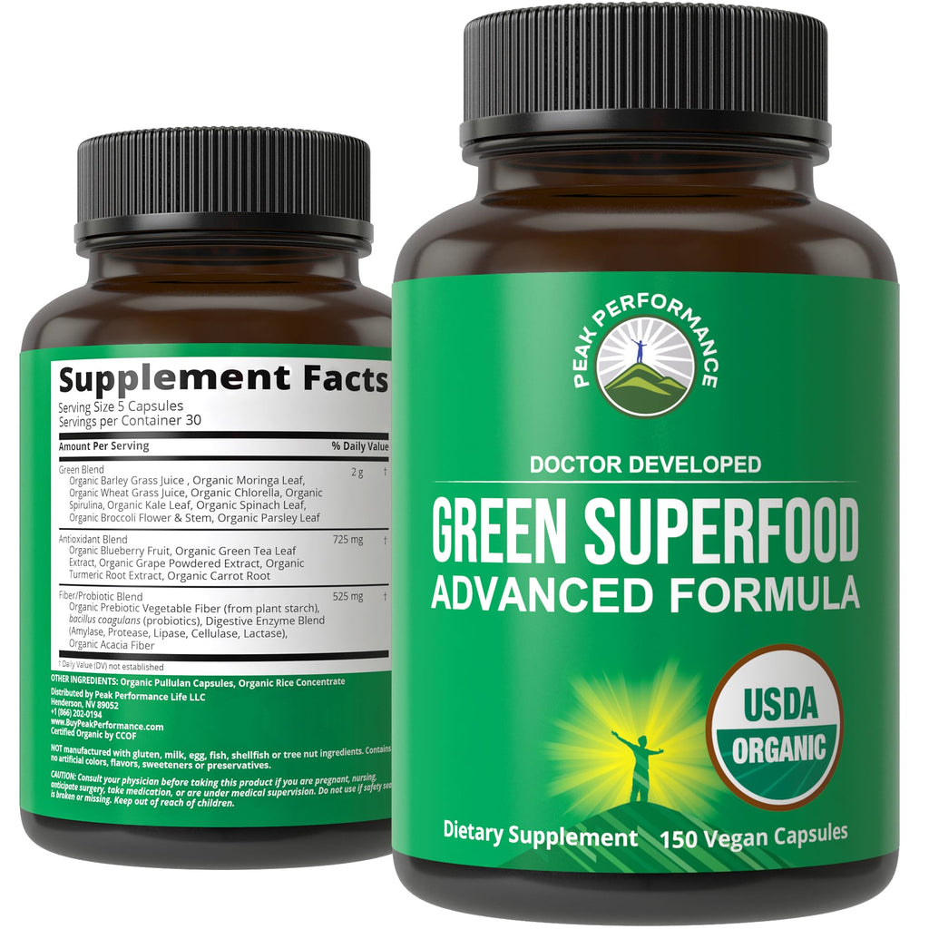 Organic Super Greens 150 Capsules - Green Juice Superfood Supplement with 25 All Natural Organic Ingredients. Max Energy and Detox Super Food Pills with Spirulina, Spinach, Kale, Turmeric, Probiotics Peak Performance Au supplements