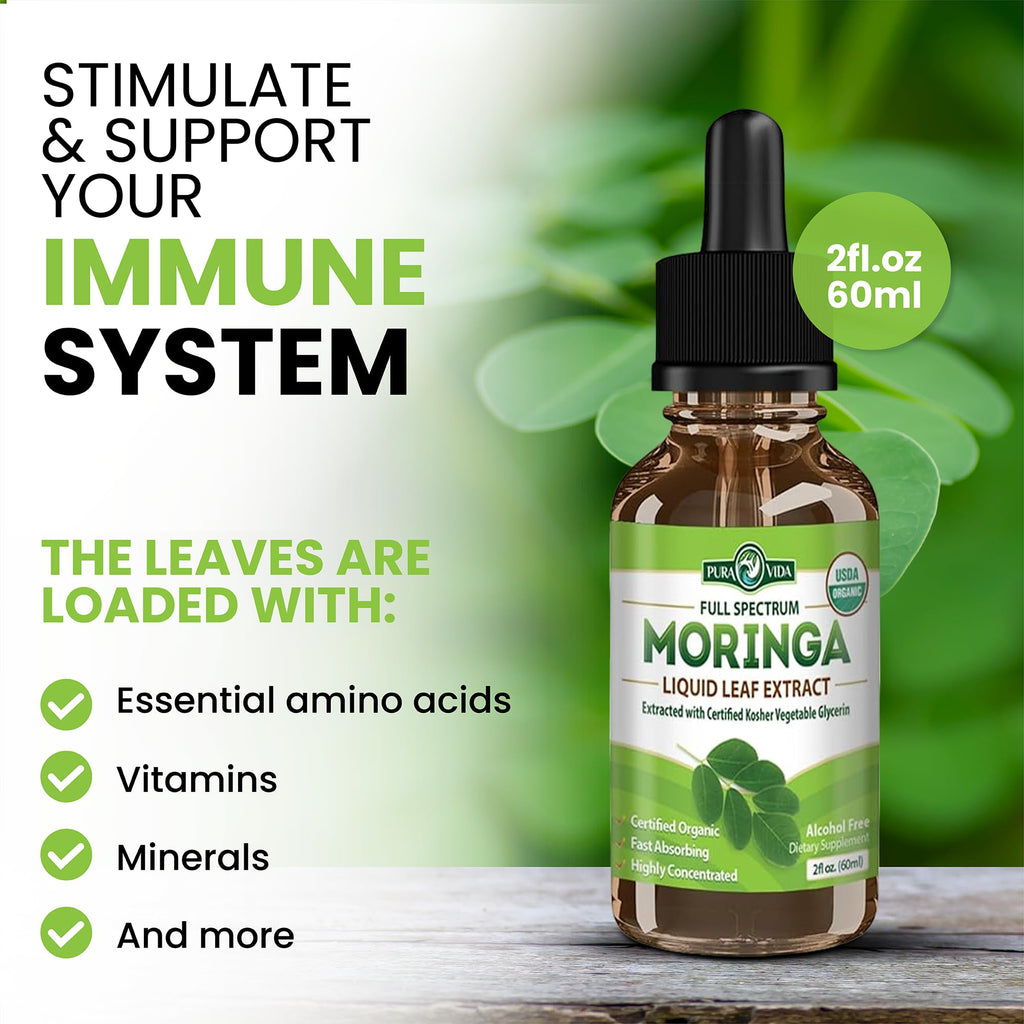 PURA VIDA MORINGA Leaf Extract Liquid Drops - USDA Organic Certified - Highly Purified, Bioavailable & Faster Absorption than Moringa Powder or Capsules