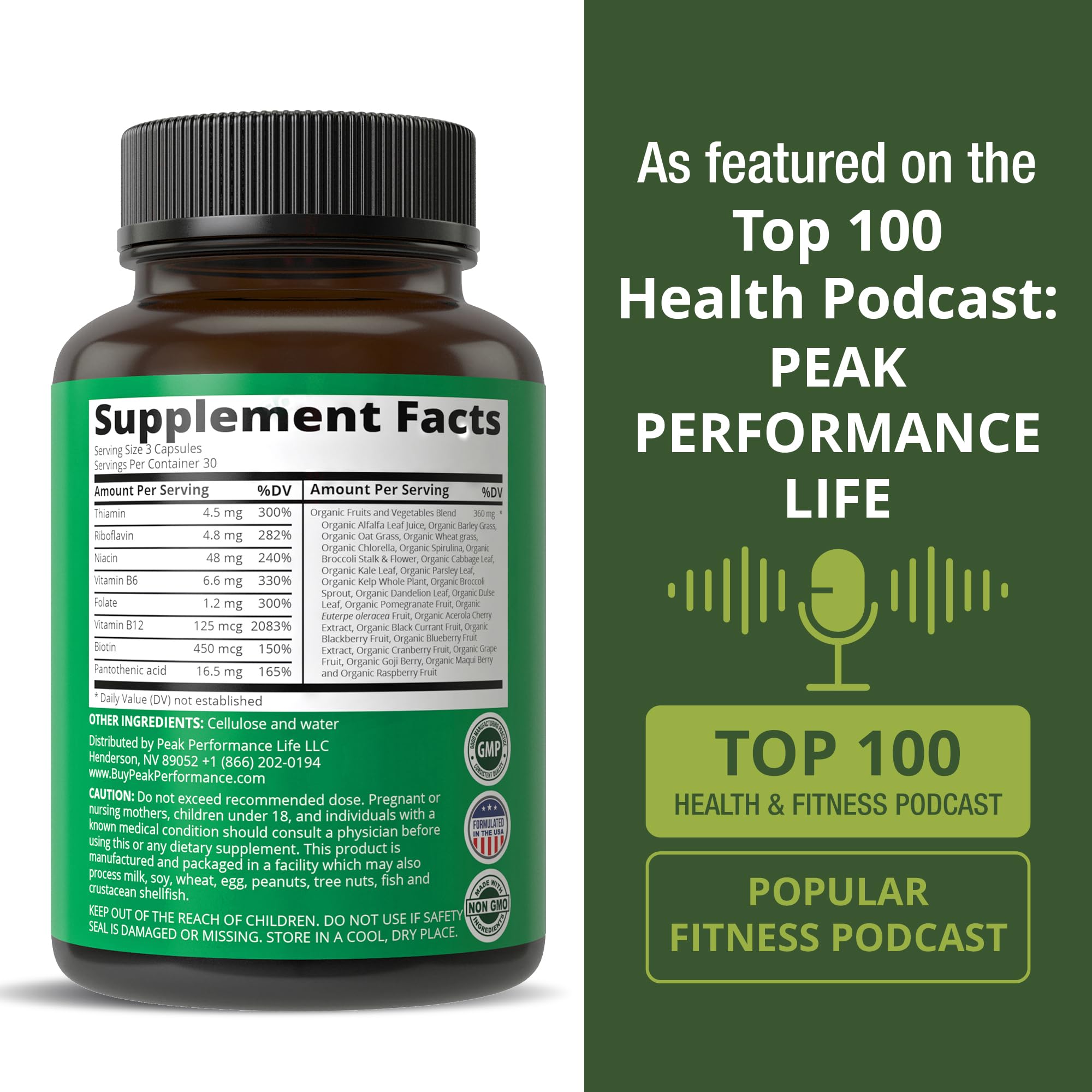 Vitamin B Complex Capsules + Whole Food Blend of 25 Vegetables and Fruits for Max Absorption. Best Vegan B-Complex Supplement with Vitamin B1, B2, B3, B5, B6, B7, B9 and B12. 90 Capsules. Energy Boost Peak Performance Au supplements