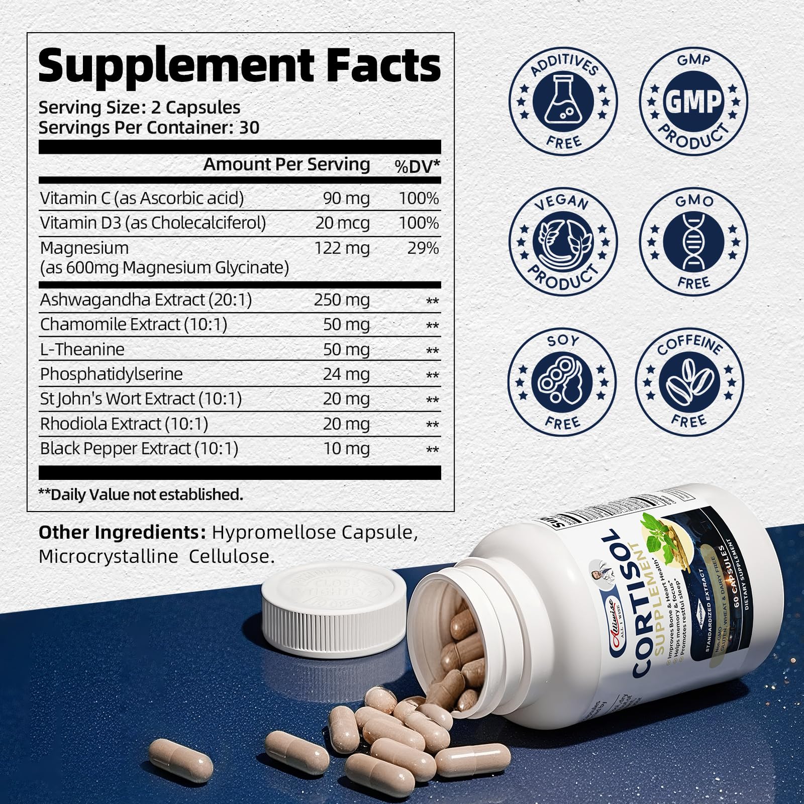 Cortisol Supplements for Women & Men,High Cortisol Reducer, Manager, Detox, Lower and Control,with Magnesium, Ashwagandha,Rhodiola, L-Theanine for Mood,Focus,Sleep Alliwise Au supplements