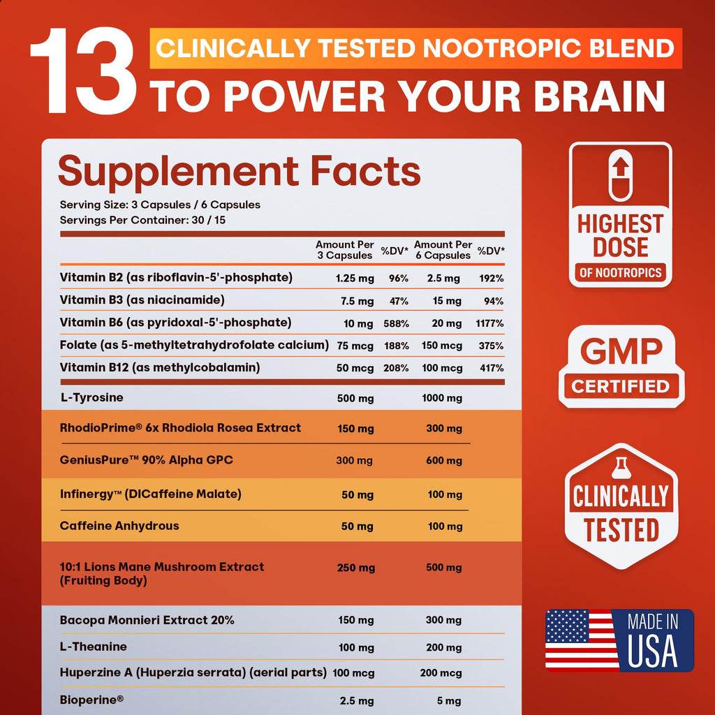 Nootropic Strongest Focus Supplement - Clinically Backed Ingredients Made in USA - Scientifically Backed Doses - Supplement for Brain Fog - AlphaGPC, Lions Mane, Rhodiola and More 10:1 90 Capsules CRTX Nutrition Au supplements