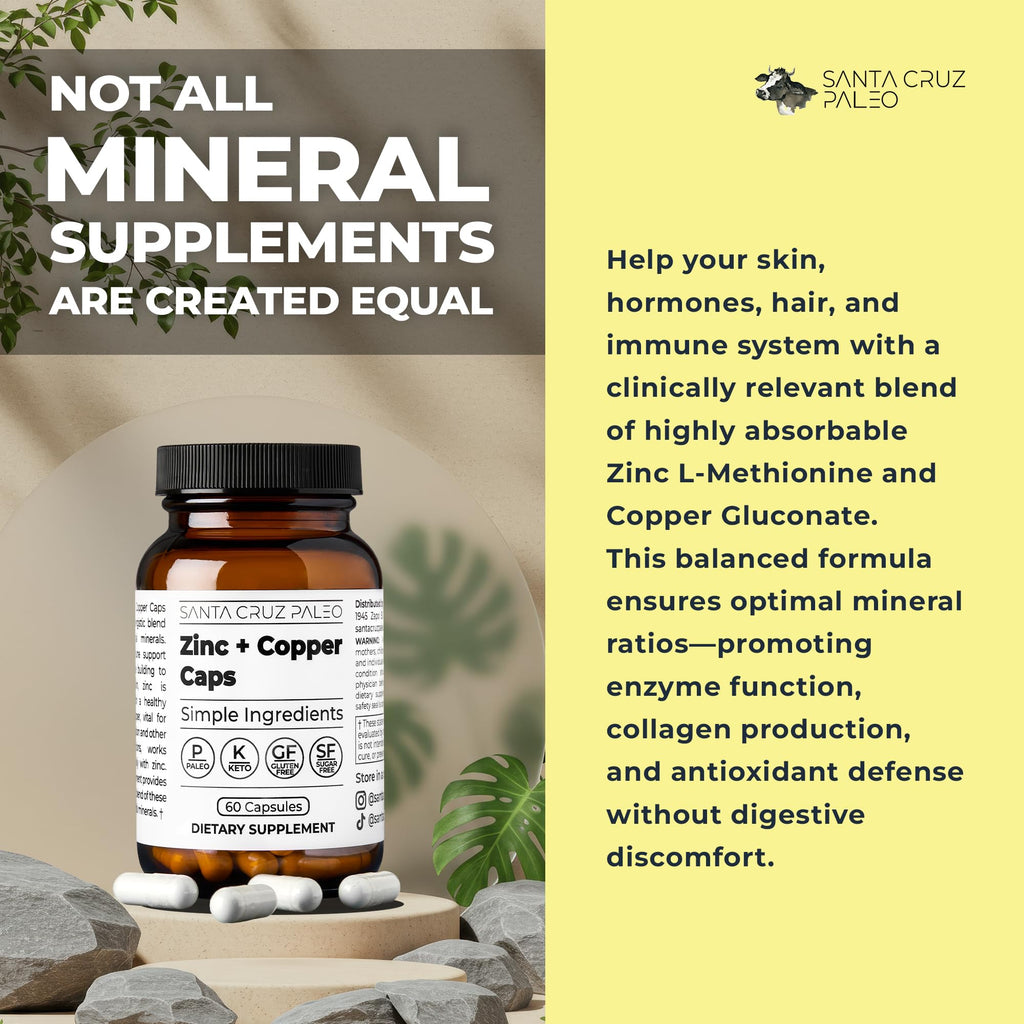 Santa Cruz Paleo, Zinc & Copper Mineral Supplement, High Absorption Formula, Zinc Supplement for Skin & Hair, L Methionine, Copper Gluconate, Trace Minerals