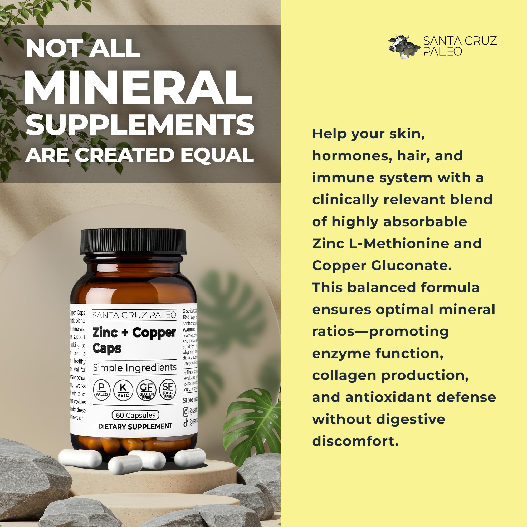 Santa Cruz Paleo, Zinc & Copper Mineral Supplement, High Absorption Formula, Zinc Supplement for Skin & Hair, L Methionine, Copper Gluconate, Trace Minerals