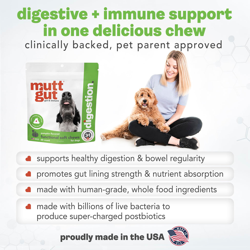 MuttGut® 3-in-1 Puppy & Dog Probiotics + Prebiotics + Postbiotics Chews - Promotes Digestive Health, Supports Immune System and Overall Health - Dog Diarrhea Relief & Immune Support - 60 Soft Chews MUTTGUT Au supplements