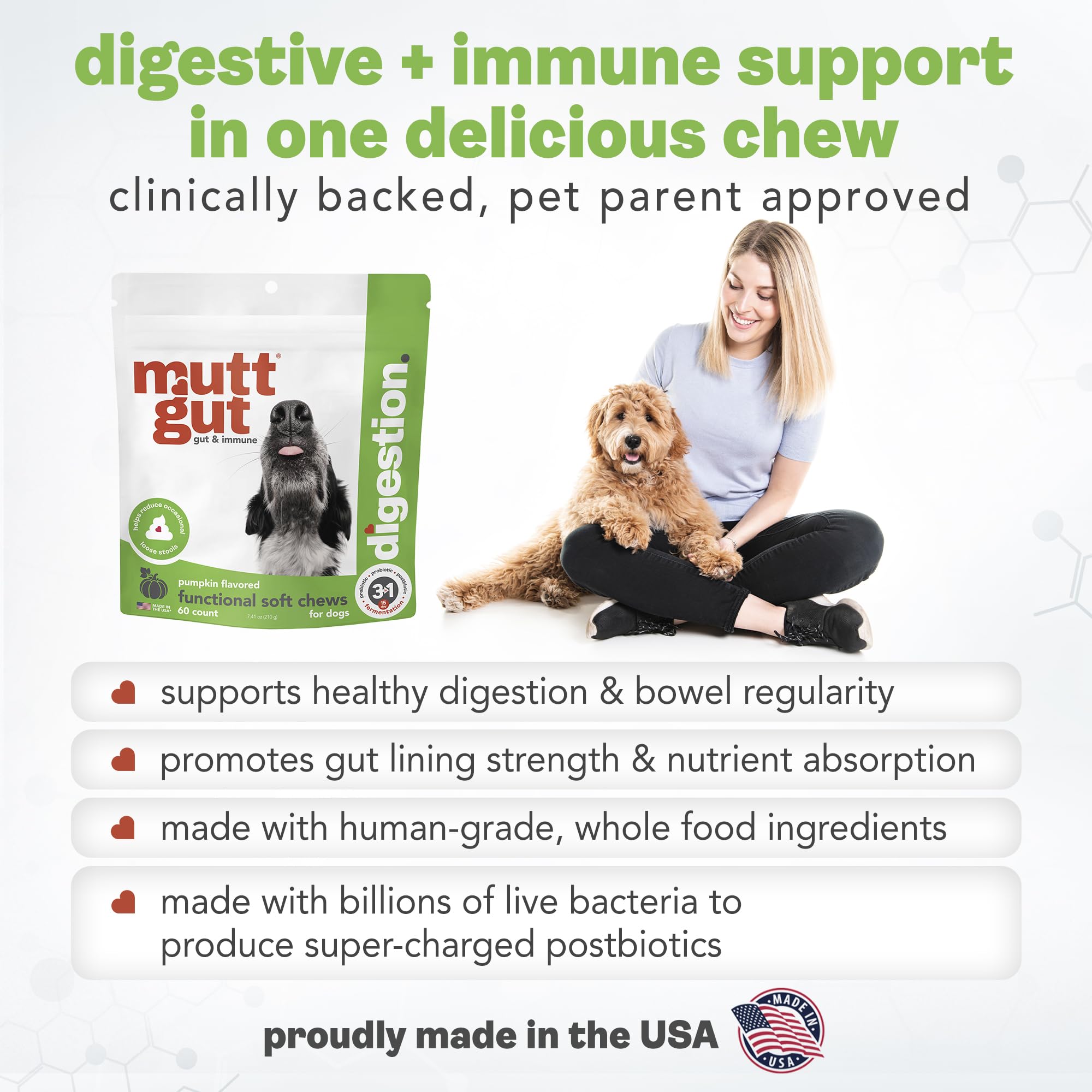 MuttGut® 3-in-1 Puppy & Dog Probiotics + Prebiotics + Postbiotics Chews - Promotes Digestive Health, Supports Immune System and Overall Health - Dog Diarrhea Relief & Immune Support - 60 Soft Chews MUTTGUT Au supplements