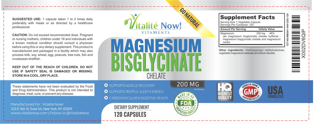 Vitalité Now! Magnesium Bisglycinate 200mg - 100% Chelated Capsules for Superior Absorption - Gentle Formula, No Laxative Effect - Sleep Energy Cramps Muscle Support - Fully Reacted & Buffered Vitalité Now! Au supplements
