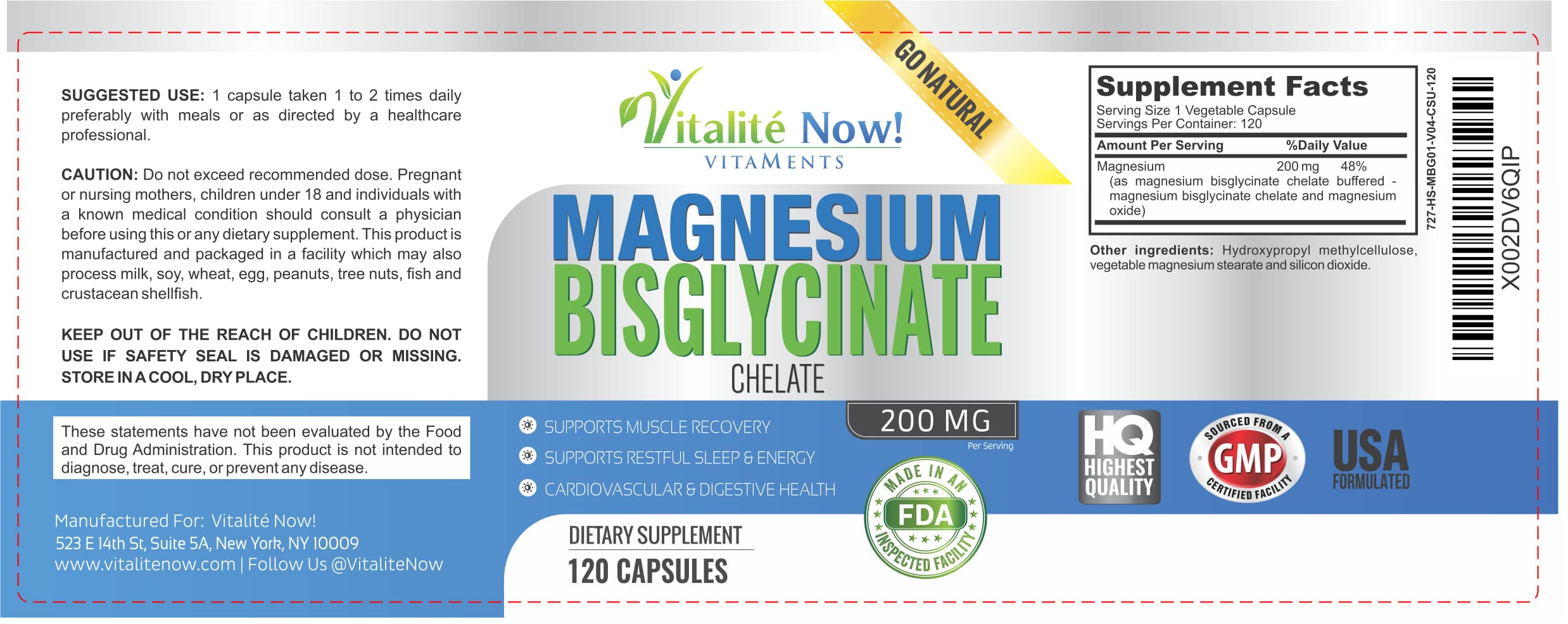 Vitalité Now! Magnesium Bisglycinate 200mg - 100% Chelated Capsules for Superior Absorption - Gentle Formula, No Laxative Effect - Sleep Energy Cramps Muscle Support - Fully Reacted & Buffered Vitalité Now! Au supplements