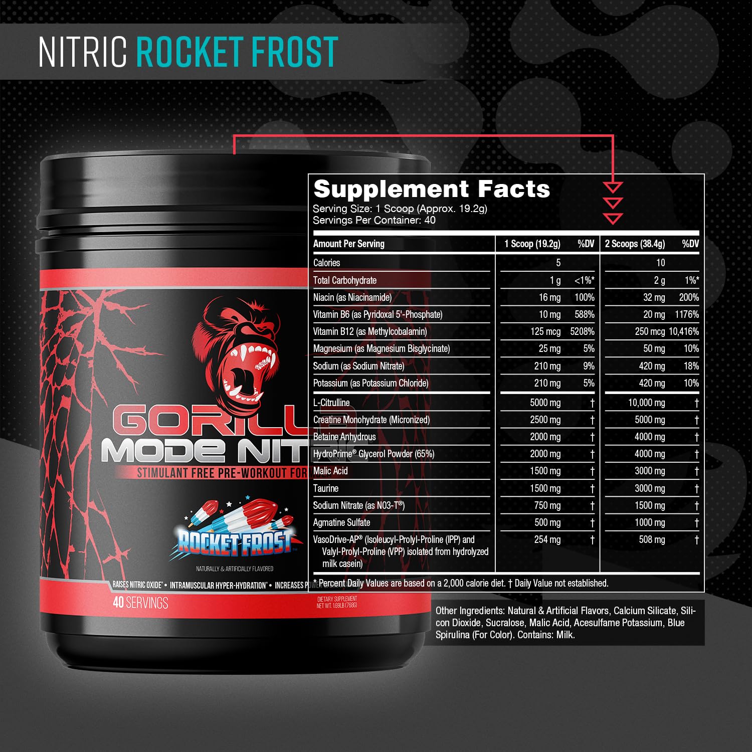 Gorilla Mode Nitric Upgraded Stimulant Free Pre-Workout – Best Tasting and Most Effective Stimulant Free Pre-Workout/Massive Pumps · Vasodilation · Power / 768 Grams (Rocket Frost)
