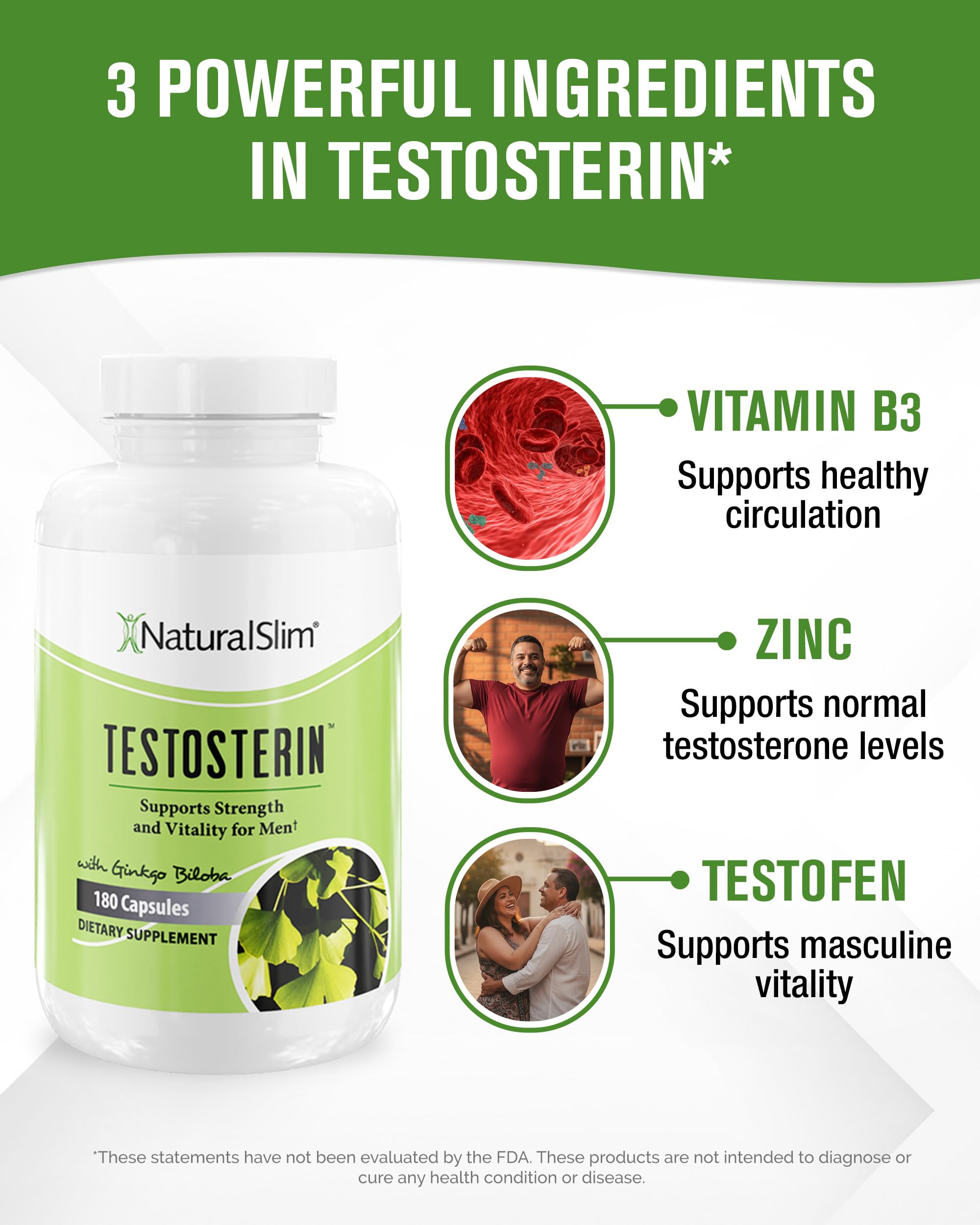 NaturalSlim Natural Booster for Men - Male Enhancing Supplement with Ginkgo Biloba, L Arginine, Zinc, Vitamin B3, & Testofen for Energy, Muscle Builder & Metabolism - 180 Capsules