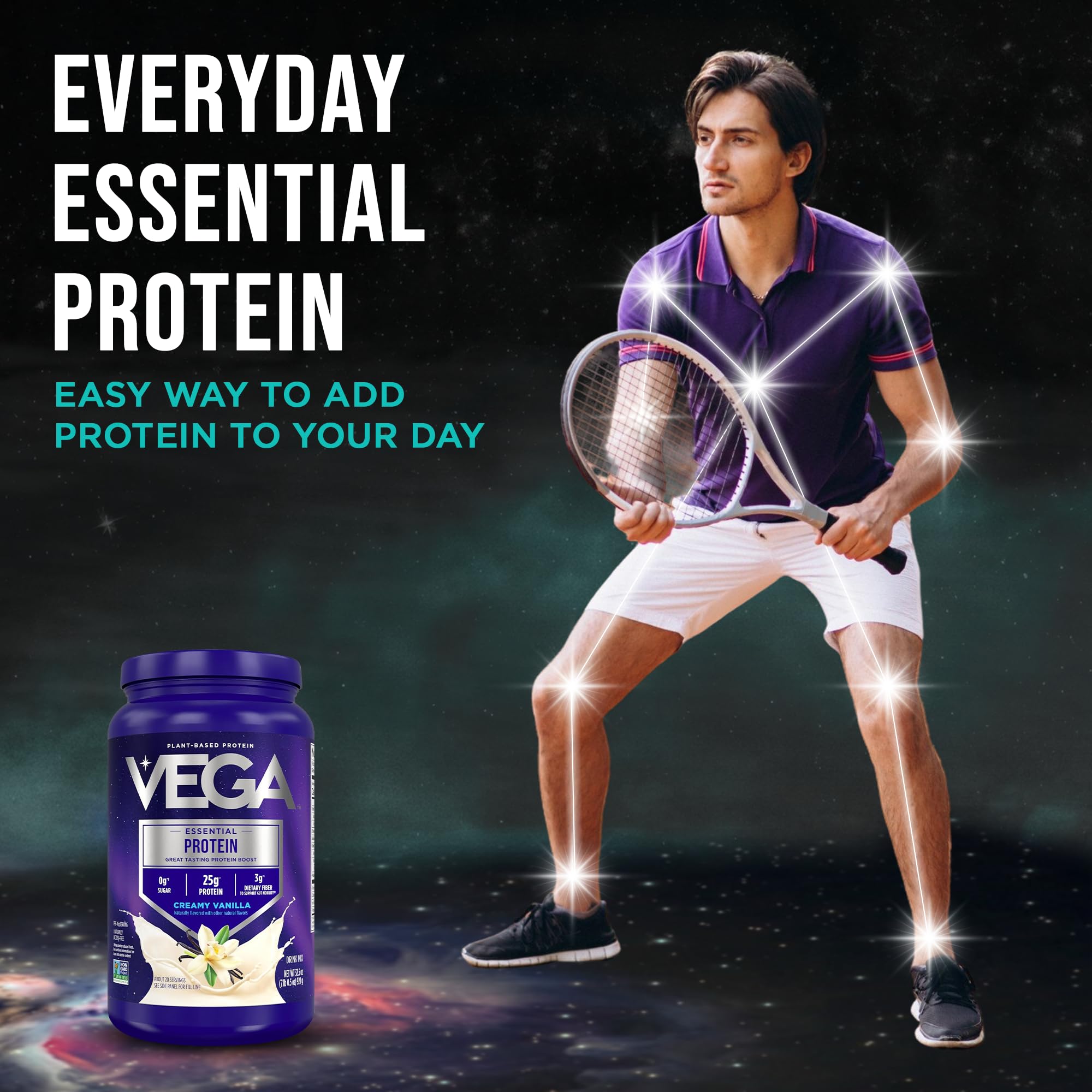 Vega Essential Protein – 25g Plant Based Protein Powder, Creamy Vanilla, Vegan for a Dairy-Free Vanilla Shake – Large Tub, 32.5oz (20 Servings)