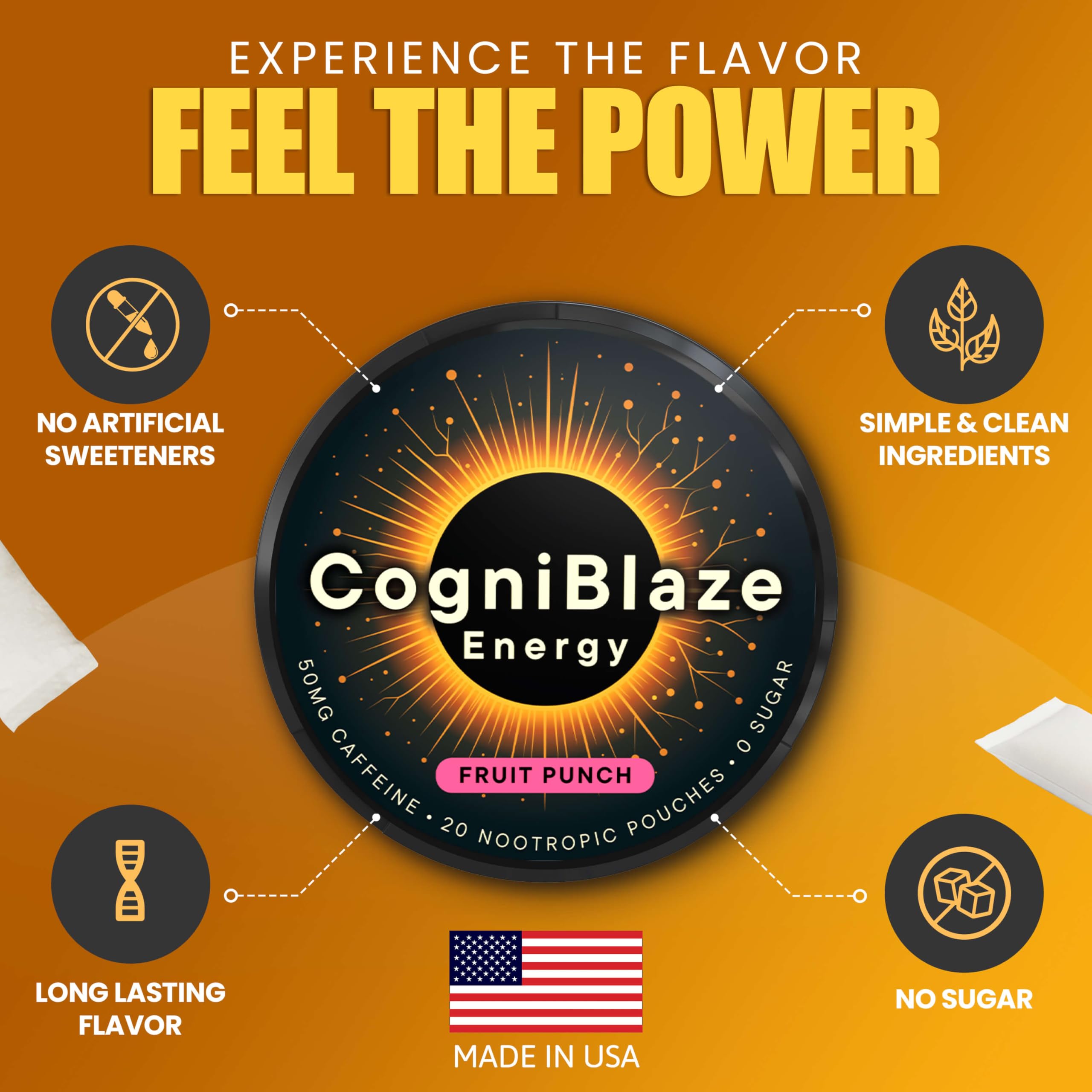 CogniBlaze Caffeine Pouches (Fruit Punch) | Nootropic Energy Pouches with 50mg Caffeine, Alpha GPC, L-Tyrosine & L-Theanine | Zero Sugar | No Artificial Sweeteners | 4 Pack (80 Total) CogniBlaze Au supplements
