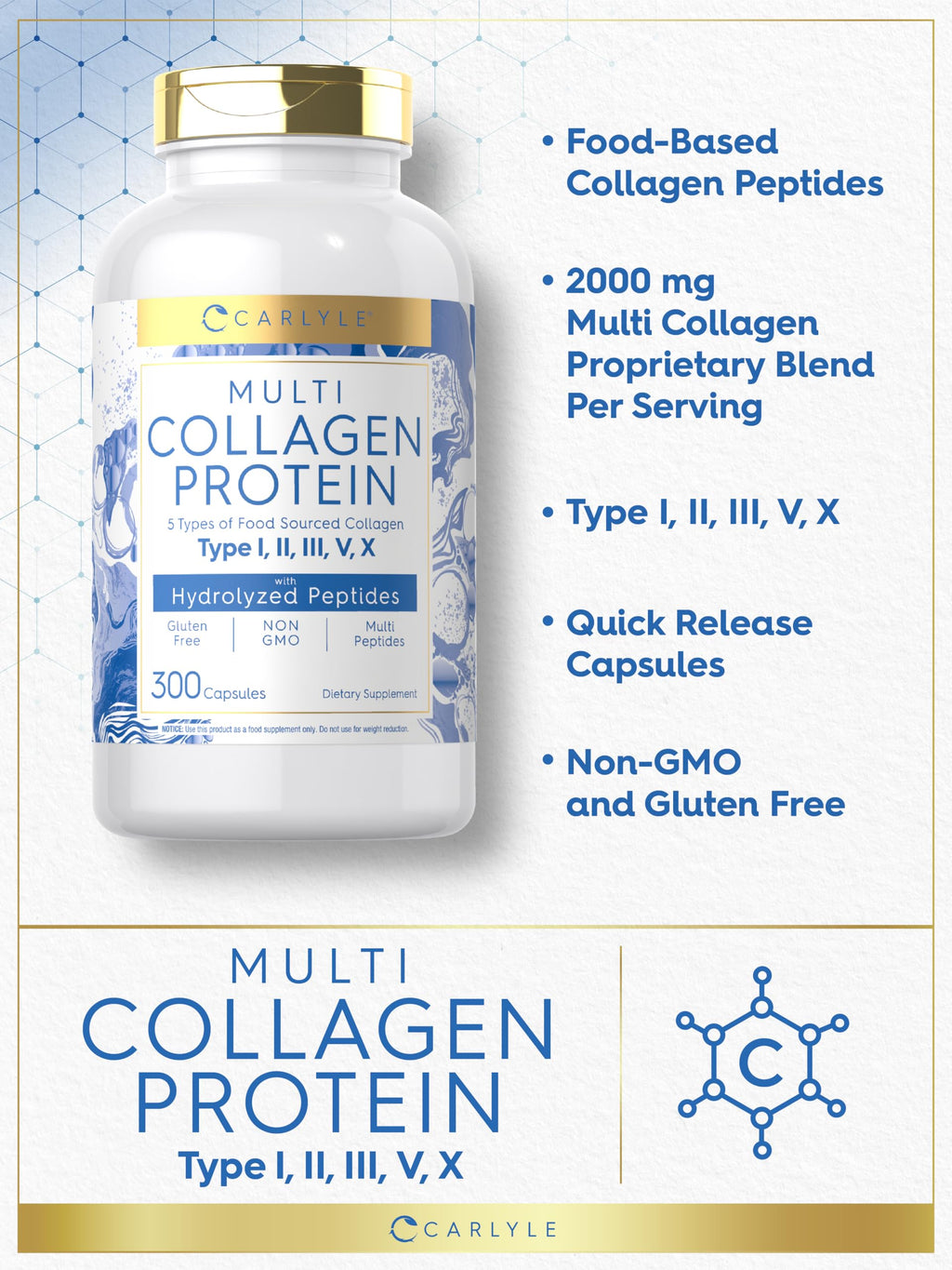 Carlyle Multi Collagen Protein Capsules 2000mg | 300 Count | Type I, II, III, V, X | Collagen Peptide Pills | Keto & Paleo Friendly
