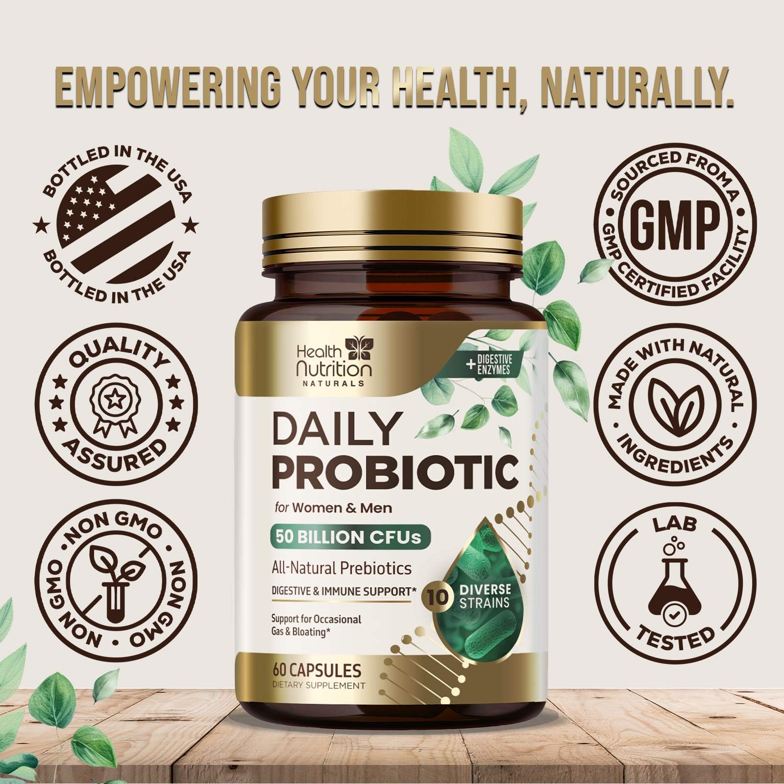 Probiotics 50 Billion CFU per Serving - 10 Strains + Prebiotics - Digestive Health, Gut & Immune Support - Occasional Constipation, Gas & Bloating Support for Women & Men, Bottled USA - 60 Capsules Health Nutrition Naturals Au supplements