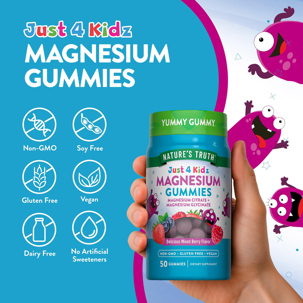 Nature's Truth Magnesium Gummies for Kids | Glycinate & Citrate | 50 Count | Mixed Berry Flavor | Vegan, Non-GMO