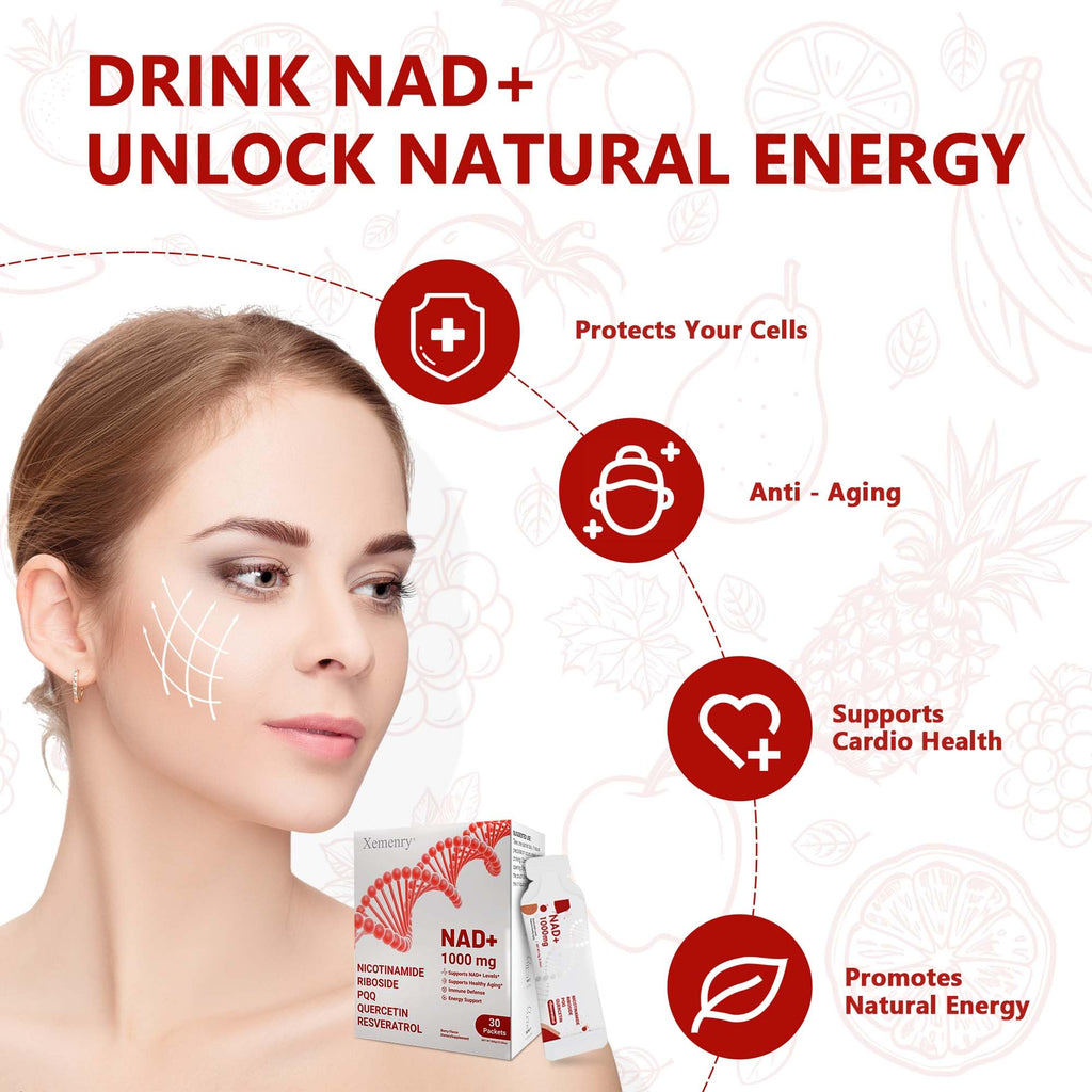 NAD Supplement 1000mg Liquid - Nicotinamide Riboside Resveratrol Supplements for Men & Women - NMN Alternative for Enhanced Energy & Anti-Aging, Focus - 30 Packets Xemenry Au supplements