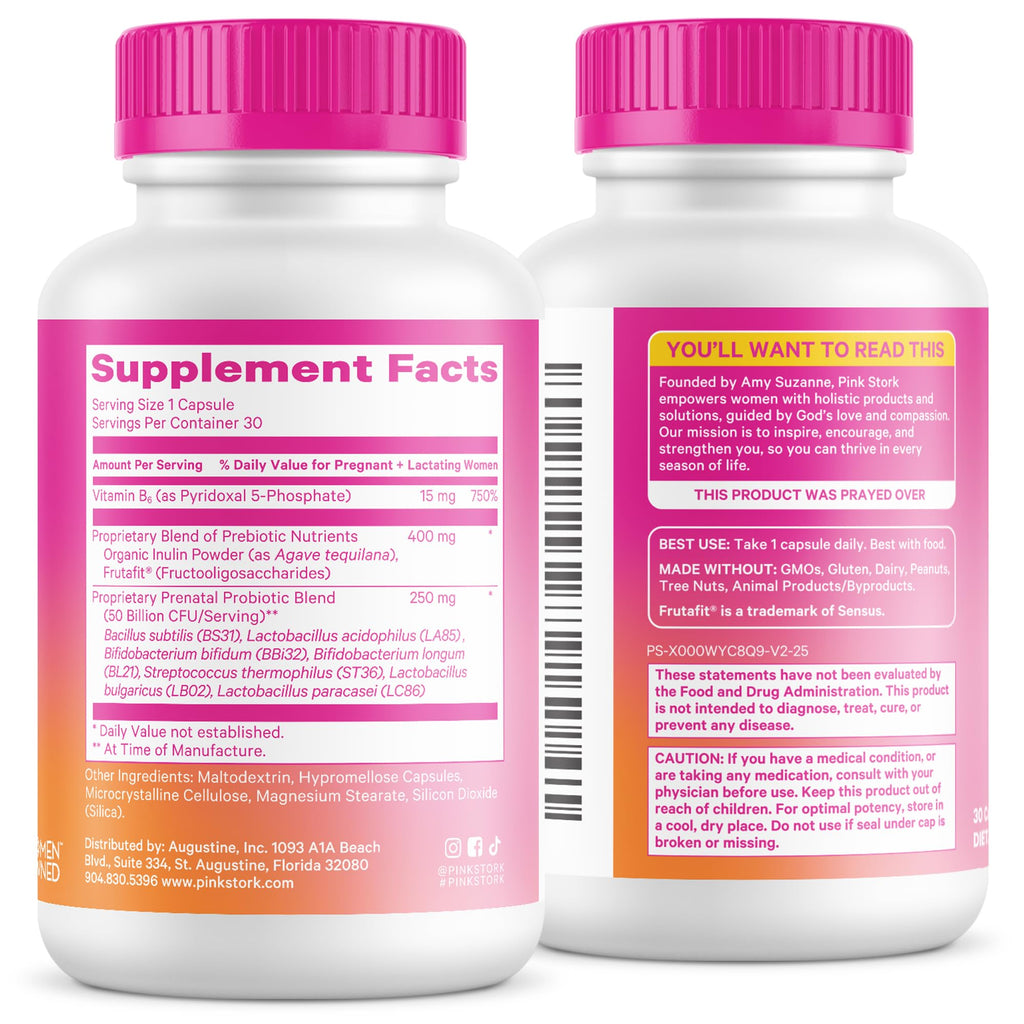 Pink Stork Prenatal Probiotic for Women with 50 Billion CFU | Vitamin B6 & Prebiotics | Pregnancy Probiotics for Morning Sickness | Digestive, Immune, & Gut Health | Vegan & Gluten-Free | 30 Capsules Pink Stork Au supplements