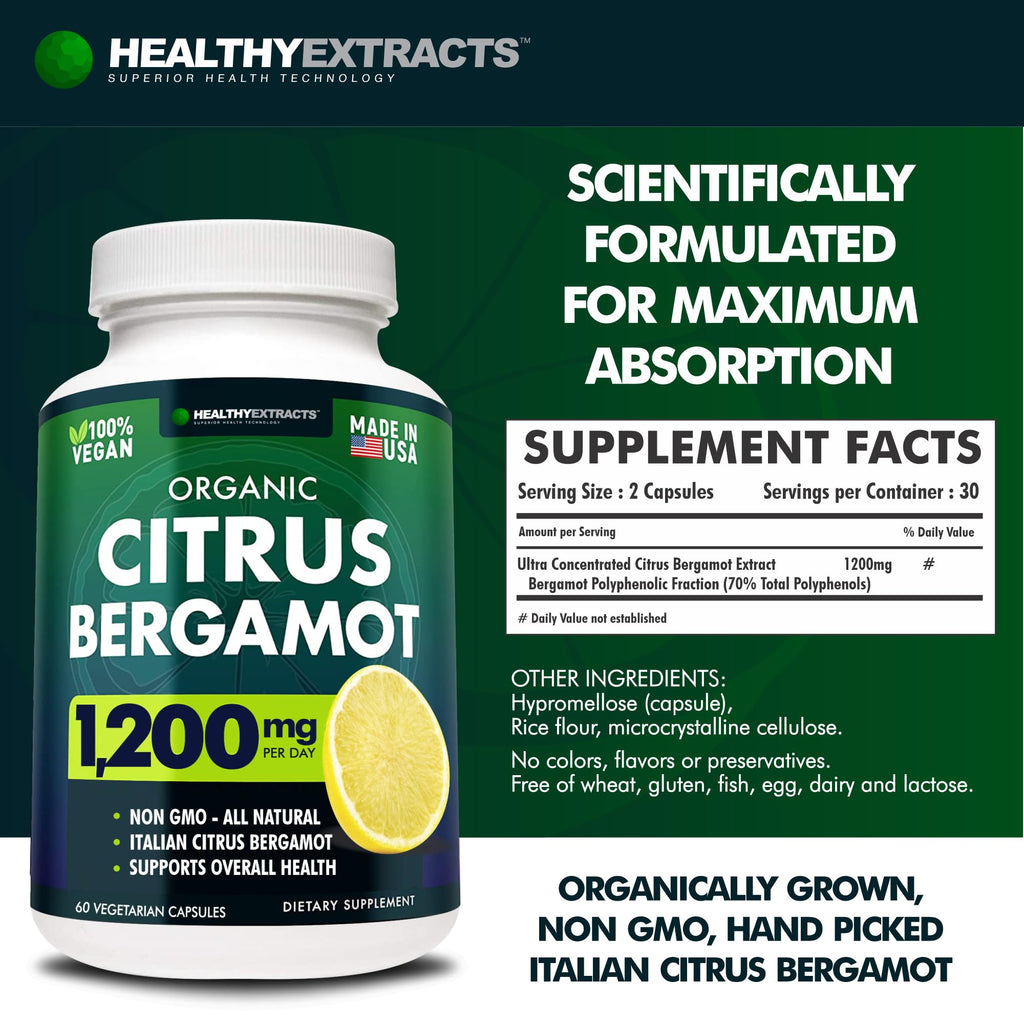 Citrus Bergamot Supplement – 150:1 Extract, 1200mg per Serving, 70% Polyphenols, Italian Sourced, 60 Count, 1 Month Supply, Made in the USA
