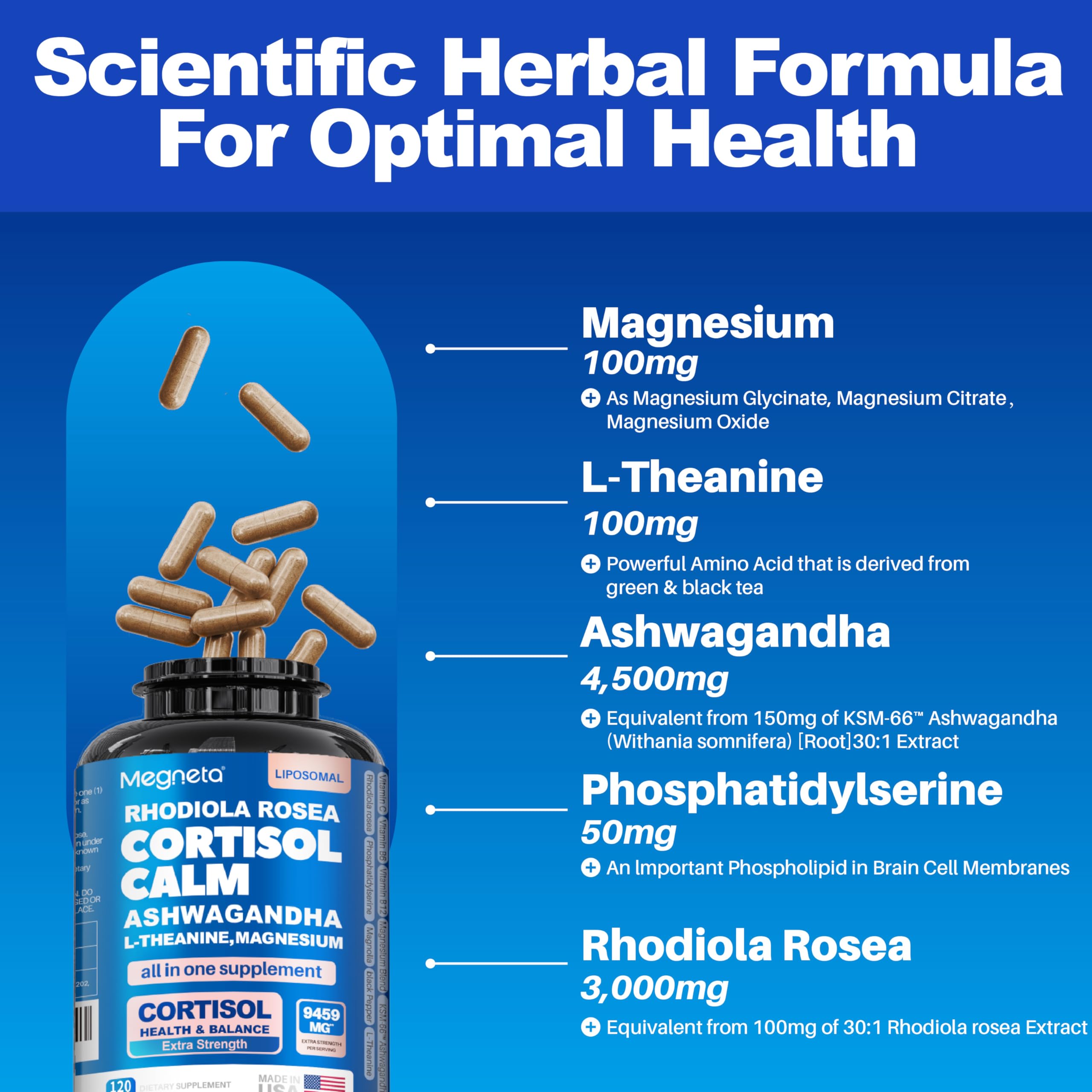 Cortisol Balance & Sleep Support for Women & Men – Natural Calm Formula with Magnesium, Ashwagandha & L-Theanine – Supports Restful Sleep, Relaxation, Focus & Healthy Cortisol Levels – 120 Capsules MEGNETA Au supplements