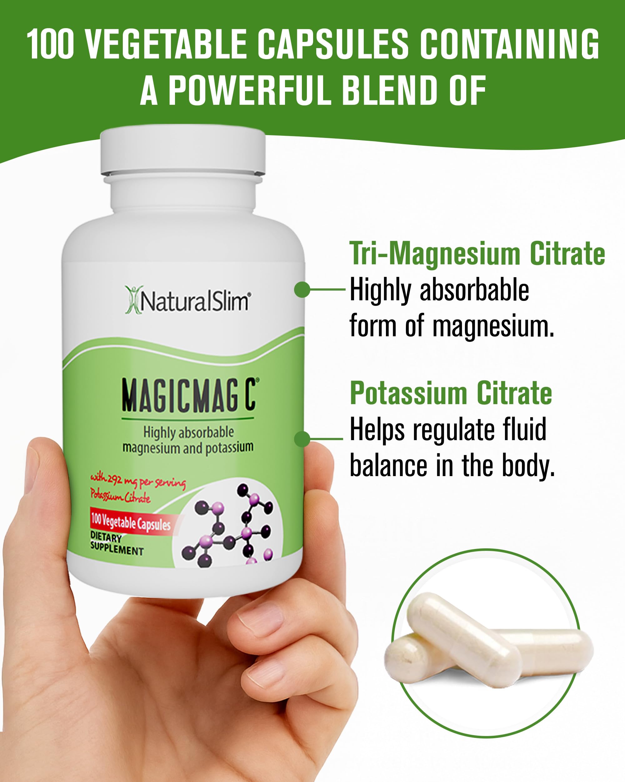 MagicMag C by NaturalSlim, Magnesium Citrate Capsules for Muscle Relaxation, Sleep Quality, Nerve Function & Electrolyte Support, Daily Magnesium Supplement