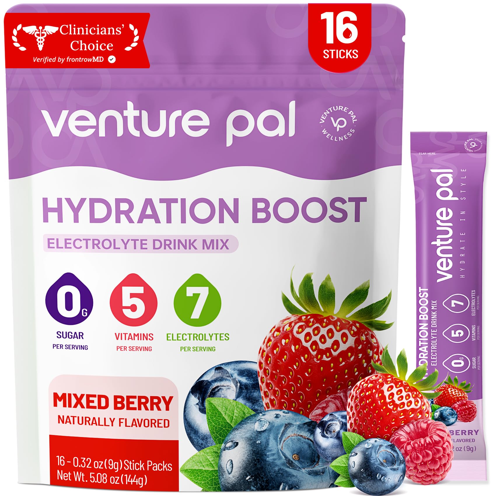 Venture Pal Sugar Free Electrolyte Powder Packets - Liquid Daily IV Hydration Packets | Electrolytes Drink Mix with 5 Vitamins & 7 Electrolytes | Keto Friendly | Non-GMO | Certified Vegan | 16 Sticks