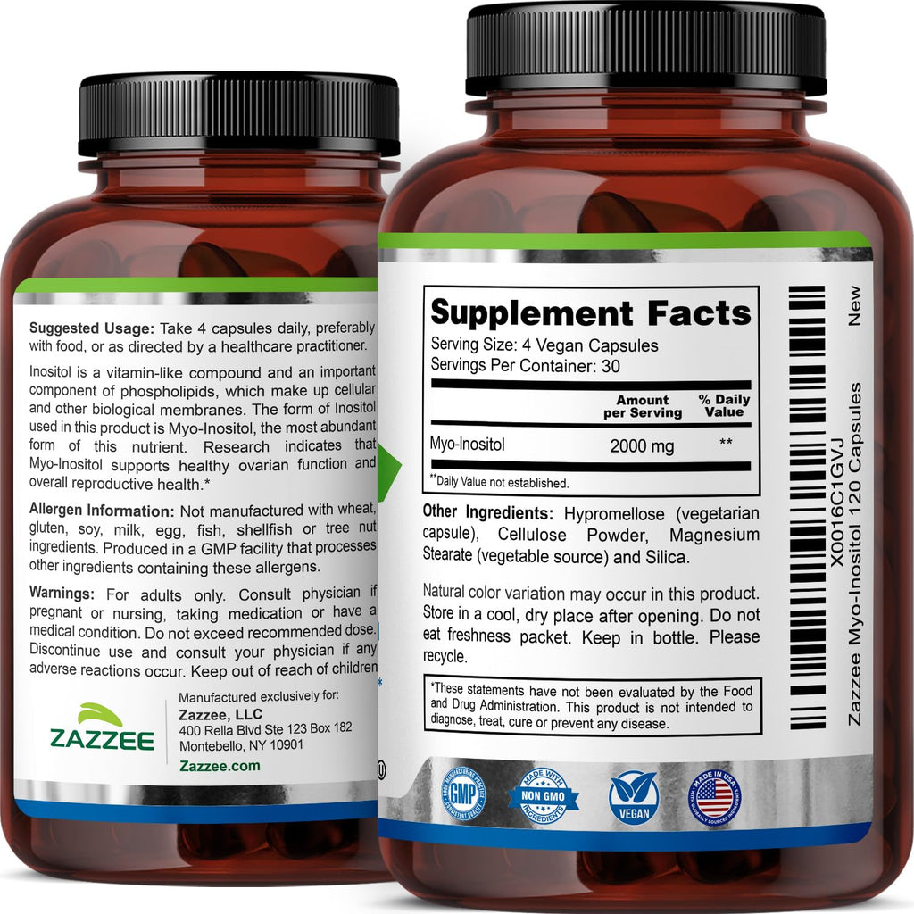 Zazzee Myo-Inositol Capsules, 2000 mg per Serving, 120 Vegan Capsules, Ideal Dosage for 40:1 Ratio, Certified Kosher, Hormone Balance & Healthy Ovarian