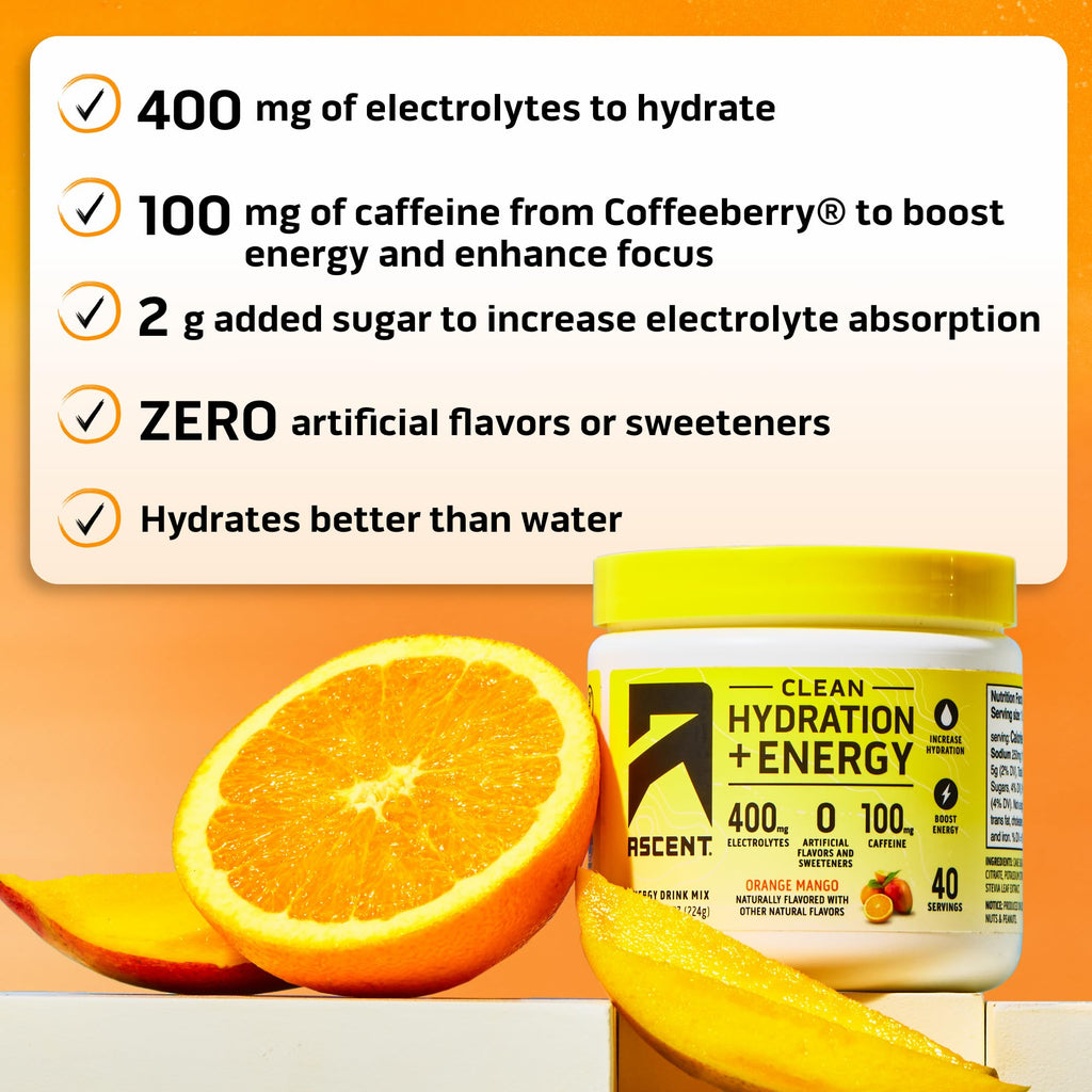 Ascent Clean Hydration + Energy Electrolytes Powder - 100mg Caffeine, 400mg Electrolytes, No Artificial Ingredients, Orange Mango 40 Servings