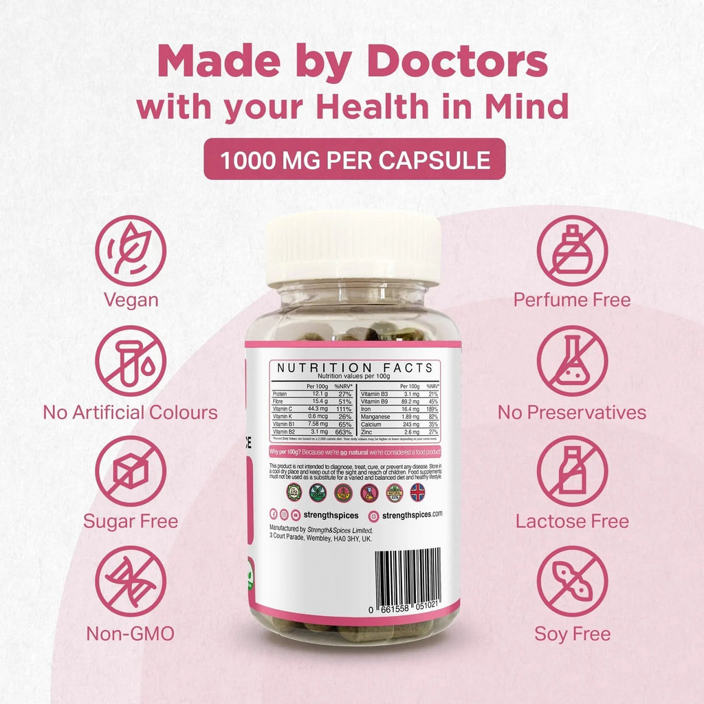 Strength & Spices Hormone Balance 100% Natural Estrogen Supplement – 12 Ingredients w Dong Quai - 60 Vegan UK Made 1000mg Capsules – Fertility and Menstrual Comfort STRENGTH & SPICES100% Natural Vegan Food Supplements Au supplements