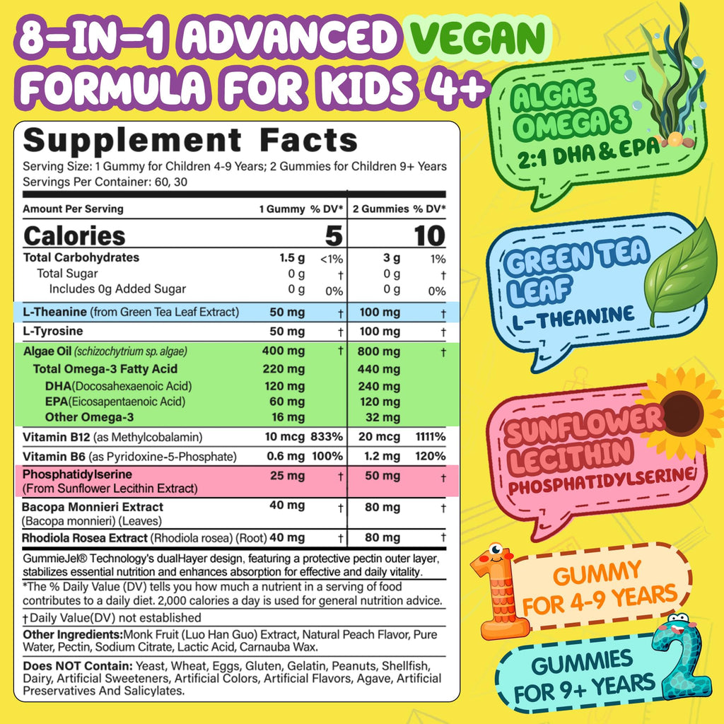 Kids Focus Gummies - Brain Supplements with Vegan Omega 3 DHA, Phosphatidylserine, L-Theanine, L-Tyrosine, Methylated B6 & B12 for Kids & Teen Support Attention, Memory, Nootropic, Sugar Free 60cts NEVISS Au supplements
