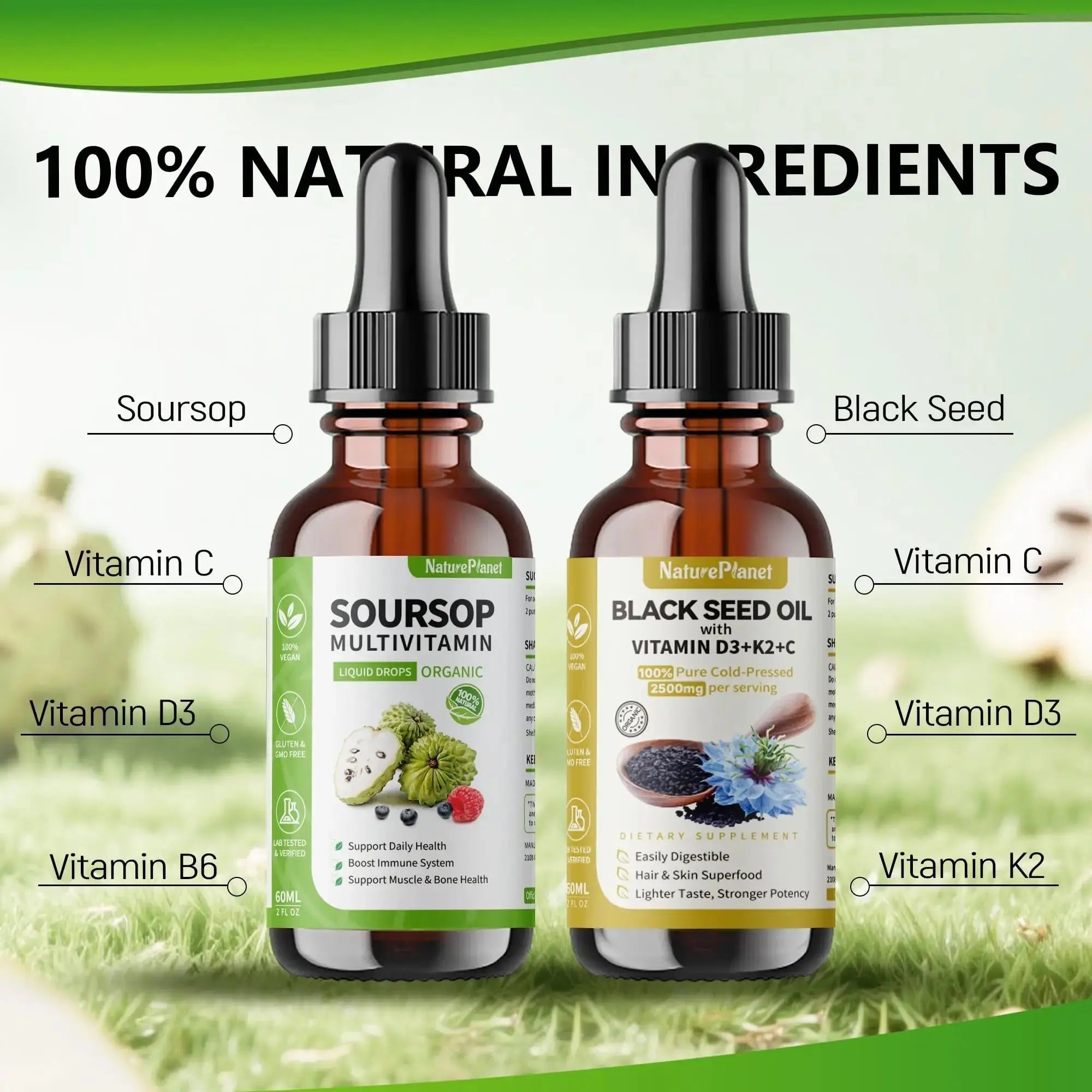 NaturePlanet Organic Soursop Bitters and Black Seed Oil Drops Bundles with Vitamins D3, K2, B6, C | NaturePlanet Au supplements