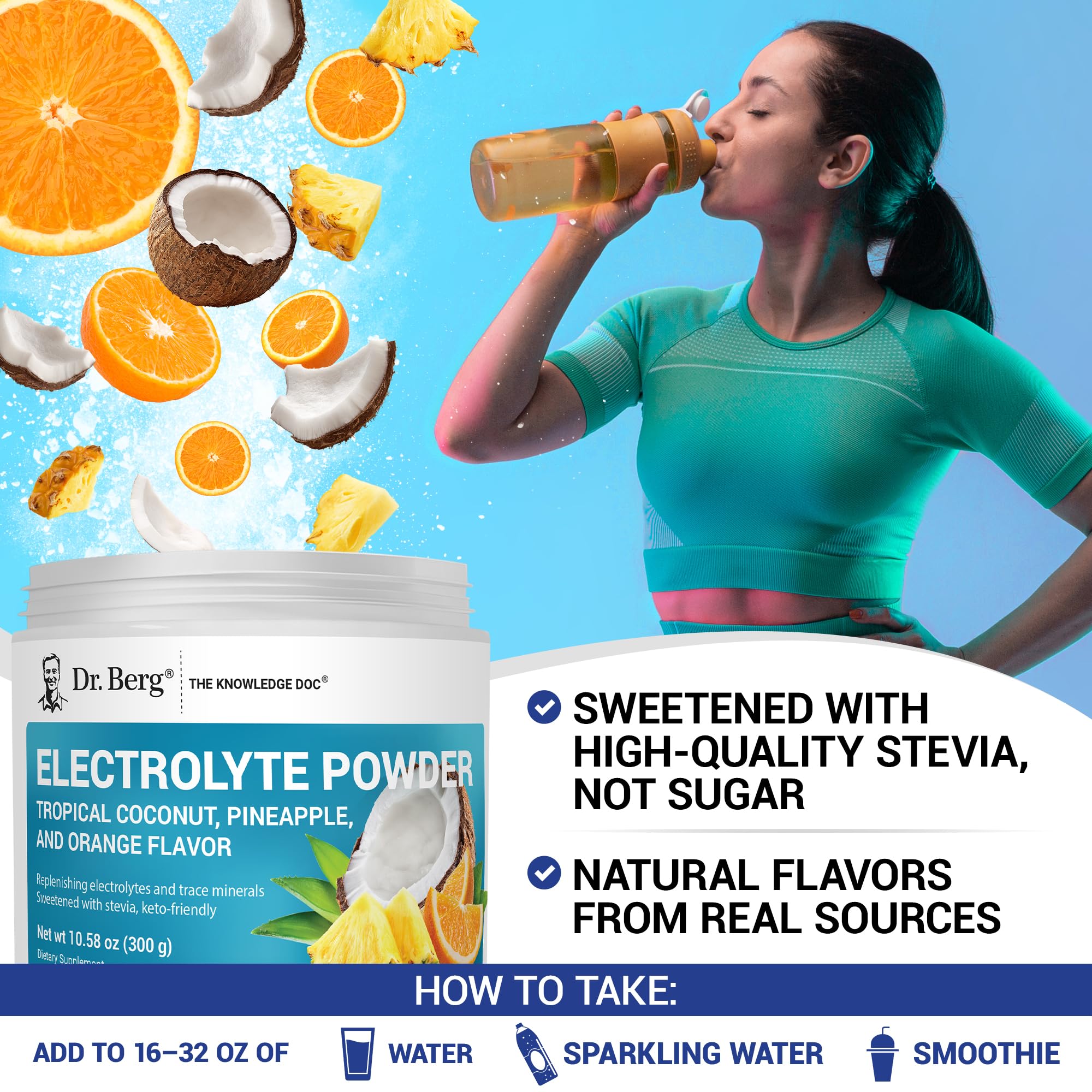 Dr. Berg Zero Sugar Hydration Keto Electrolyte Powder - Enhanced w/ 1000 mg of Potassium & Real Pink Himalayan Salt (NOT Table Salt) - Tropical Coconut