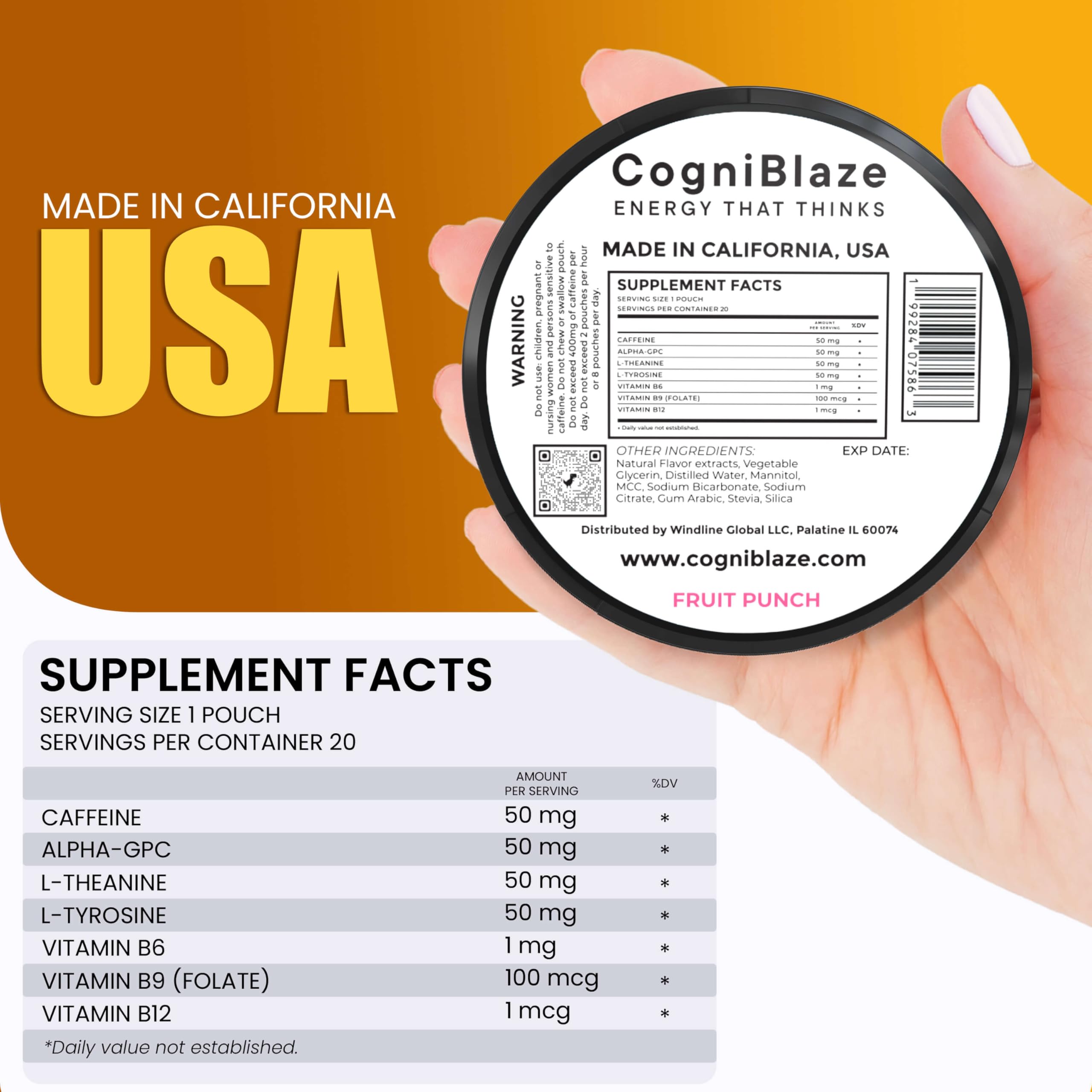 CogniBlaze Caffeine Pouches (Fruit Punch) | Nootropic Energy Pouches with 50mg Caffeine, Alpha GPC, L-Tyrosine & L-Theanine | Zero Sugar | No Artificial Sweeteners | 4 Pack (80 Total) CogniBlaze Au supplements