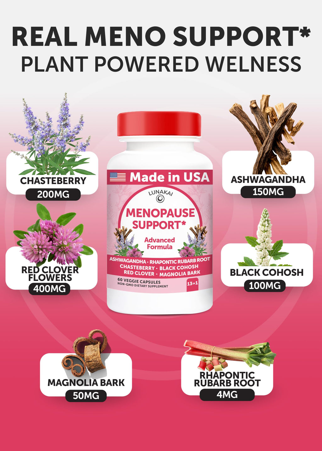 Lunakai USA Made Natural Menopause Supplements for Women – 13-in-1 Menopause Relief for Hot Flashes, Night Sweats, Sleep & Mood Support, 60ct Lunakai Au supplements
