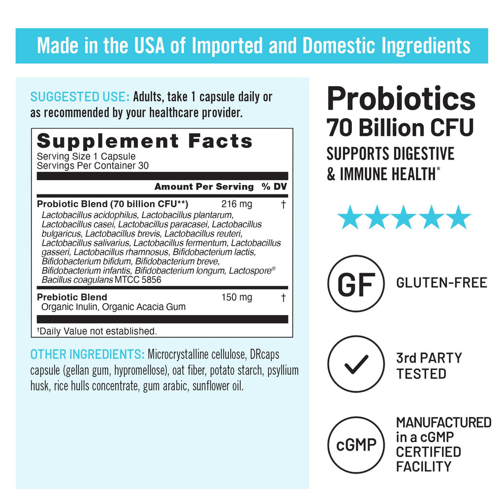NatureWise Probiotics 70 Billion CFU - 17 Strains + Organic Prebiotics - Immune, Digestive & Gut Health Support for Women & Men - Vegetarian, Gluten-Free, Non-GMO - 30 Capsules[1-Month Supply] NatureWise Au supplements