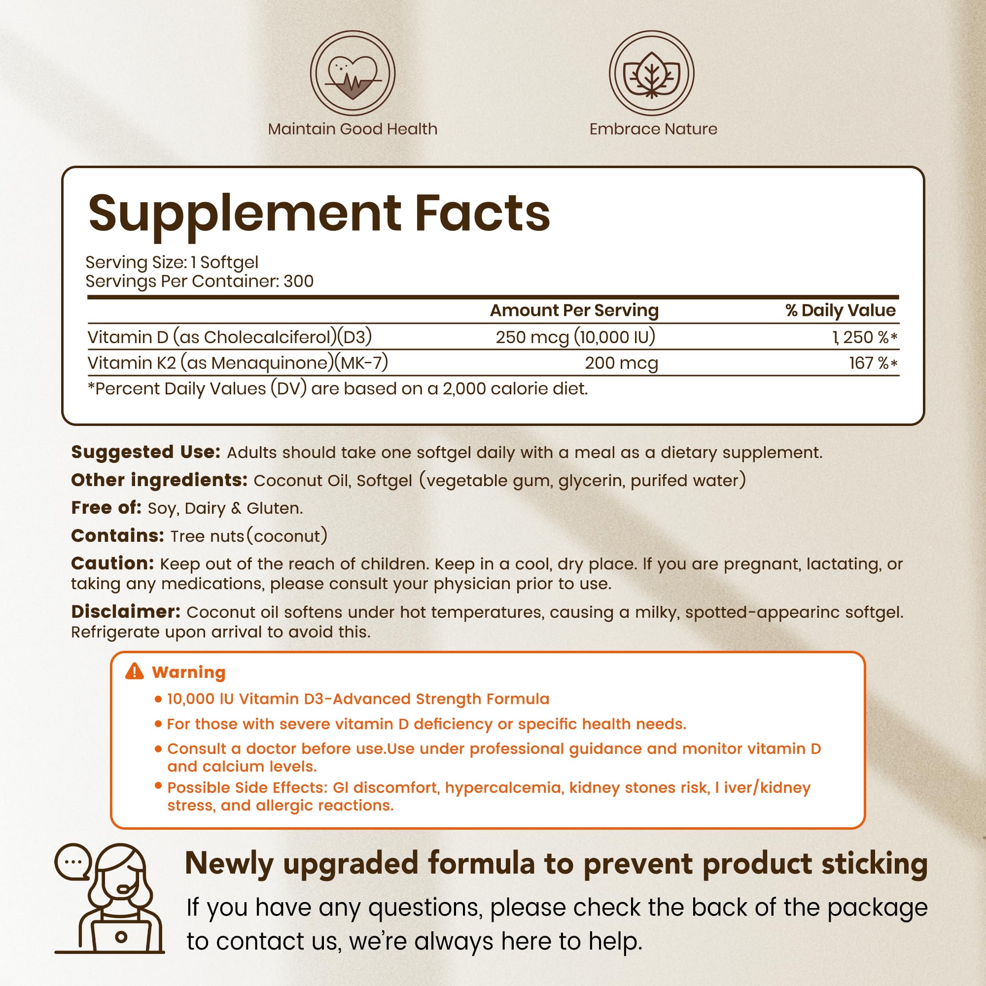 VEV Corefeel Vitamin D3 K2 10,000 IU, 200 mcg MK-7, 300 Coconut Oil Softgels, 2 in 1 Vitamins Supplement D & K (Include MK7), Easy to Swallow