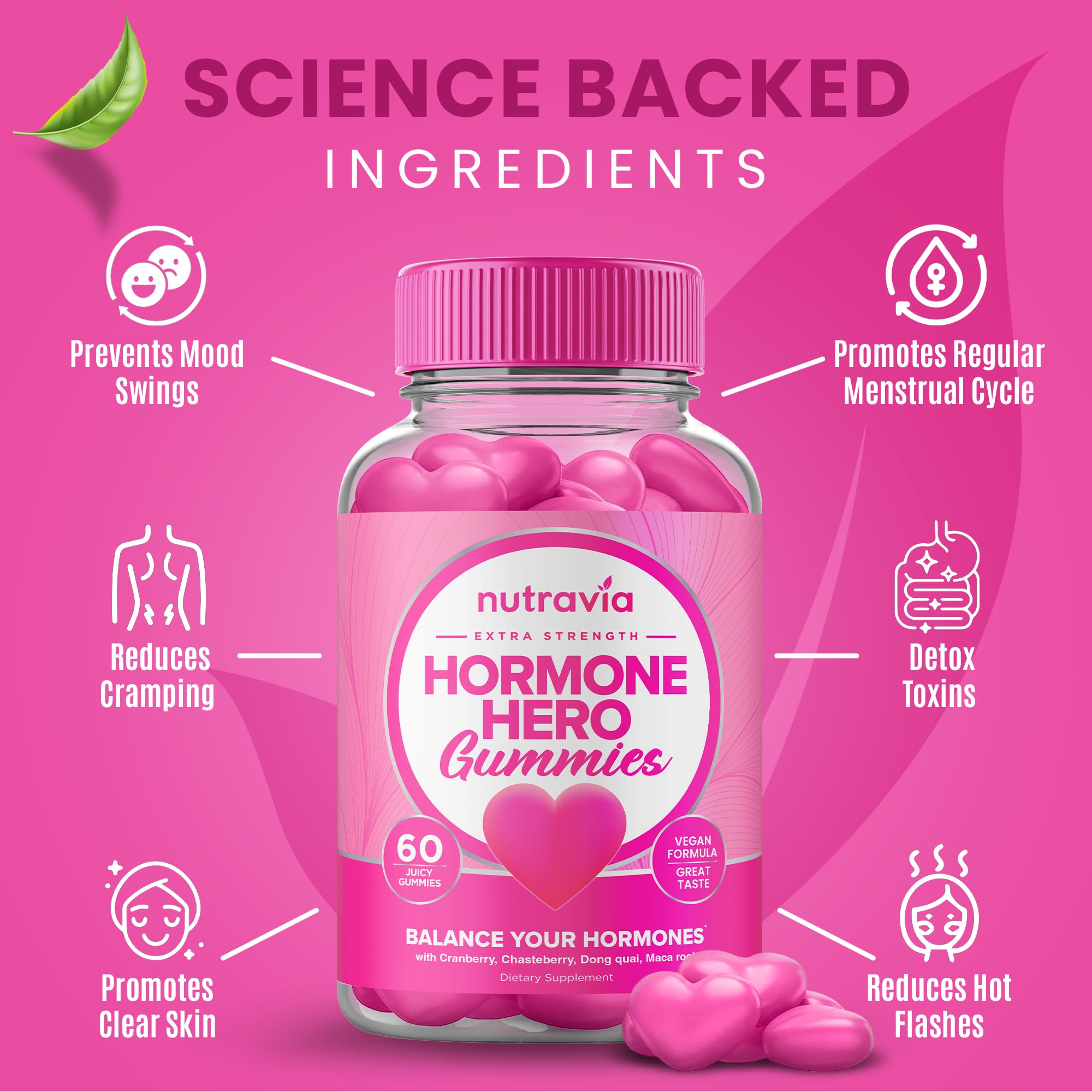 Hormone Balance For Women Gummies + PMS Relief Supplement - Supports Mood Swings, Clear Skin, Reduced Cramps and Bloating - Hormonal PMS Gummies PCOS Vitamin with Cranberry, Dong Quai (60 Gummies) Nutravia Au supplements