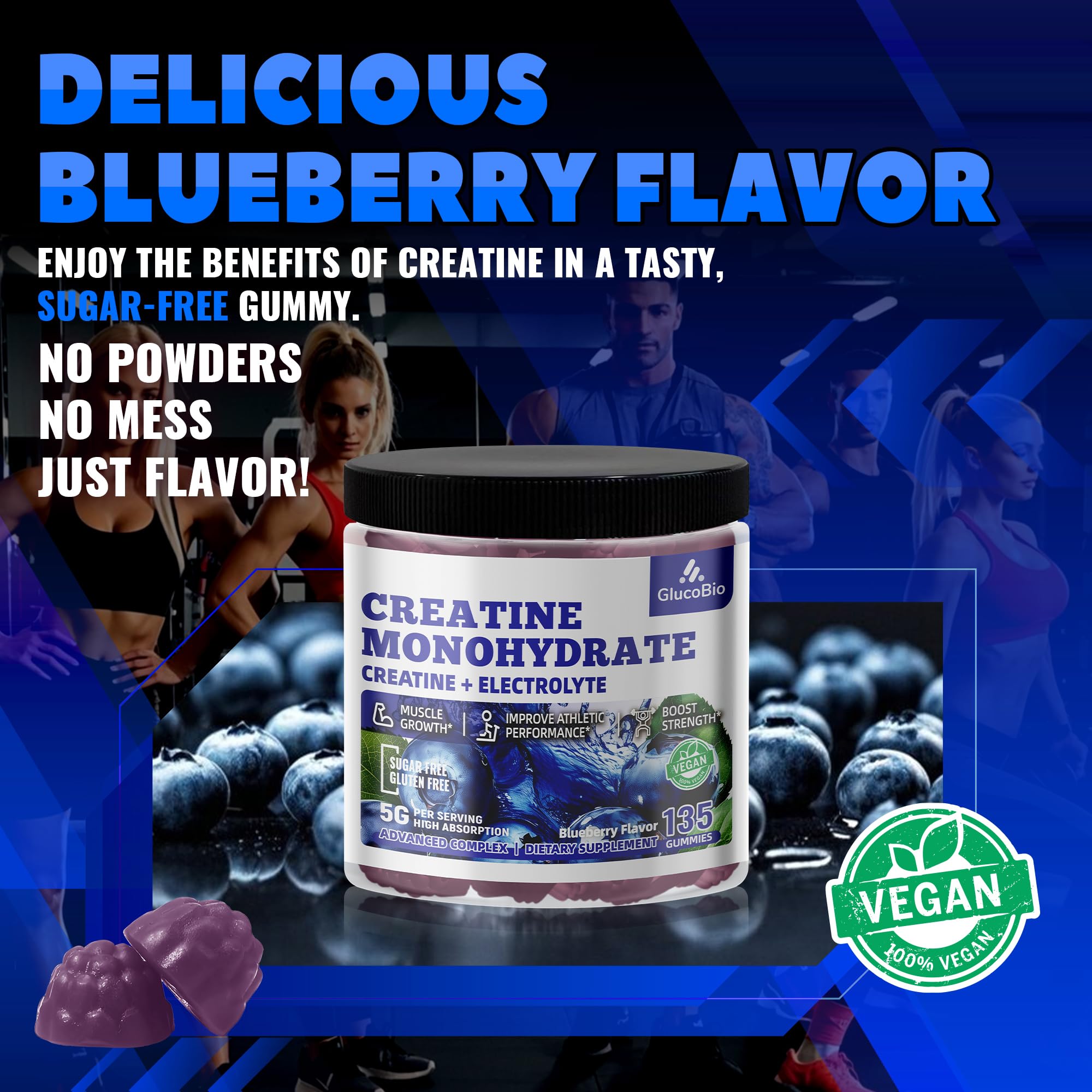 GlucoBio Creatine Monohydrate Gummies (5g) – Pre-Workout Energy & Muscle Growth Support for Men & Women