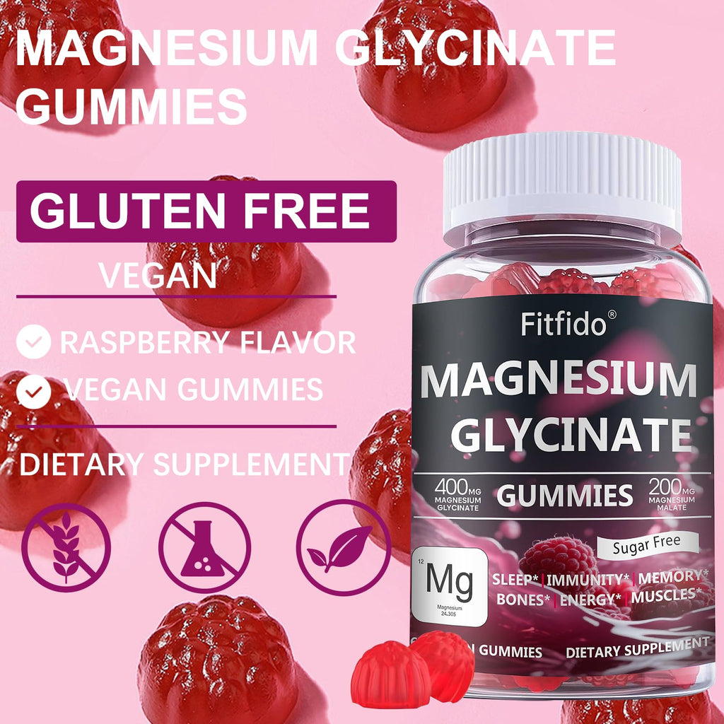 Magnesium Glycinate Gummies 400mg, Chewable Sugar Free Magnesium Supplement with Magnesium Glycinate, Magnesium Malate and Protein for Sleep, Relaxation, Brain & Muscle - Vegan (60 Count, Raspberry) Fitfido Au supplements