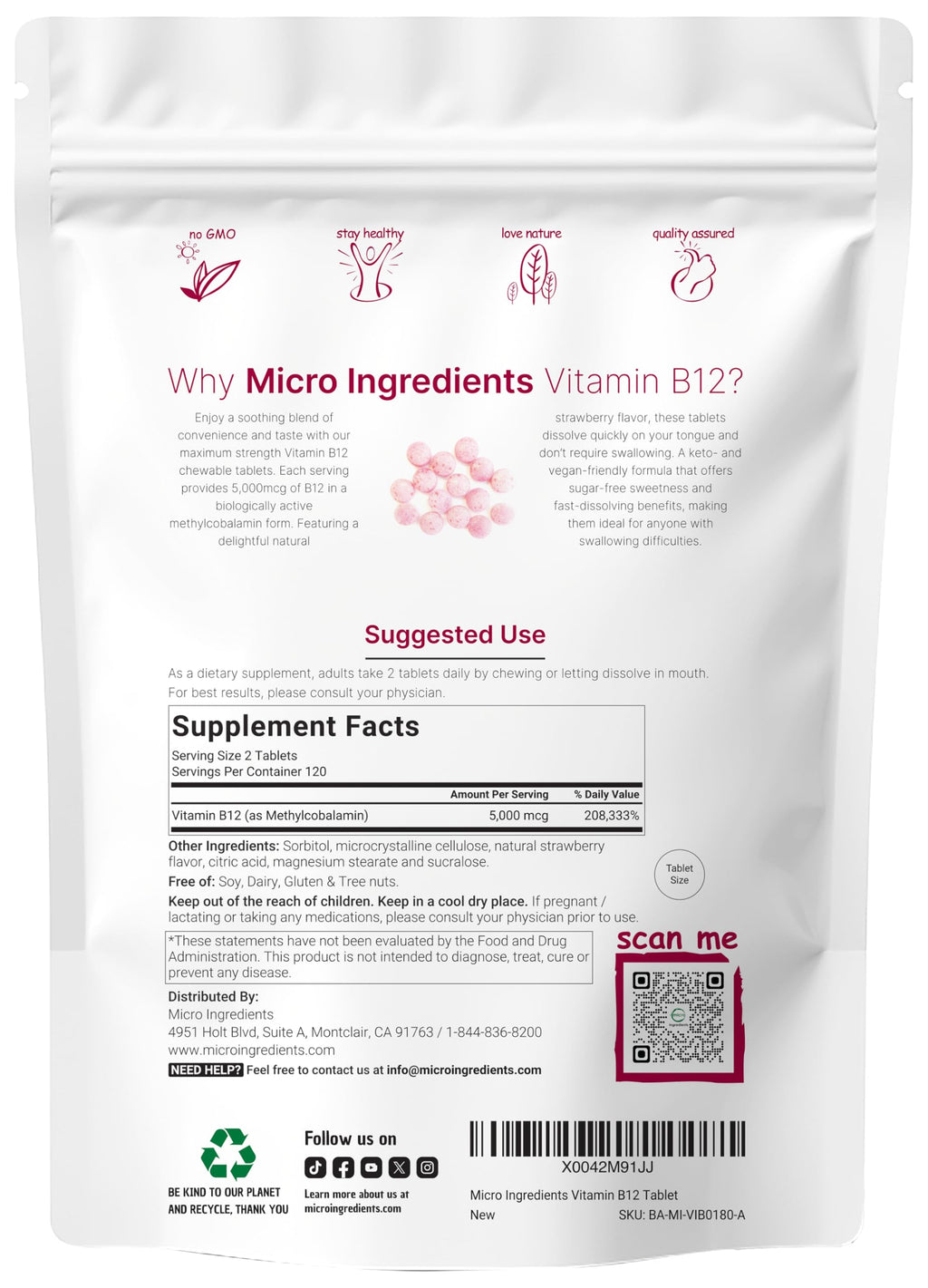 Micro Ingredients Vitamin B12 5,000 mcg | Methylcobalamin – 240 Chewable Tablets | Fast Dissolve, Natural Strawberry Flavor