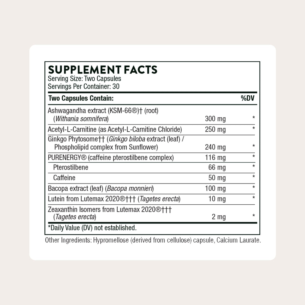 THORNE - Memoractiv - Nootropic Brain Supplement for Focus, Creativity, and Concentration - Ashwagandha, Ginkgo, Lutemax, Bacopa, Pterostilbene - Gluten-Free, Dairy-Free* - 60 Capsules - 30 Servings THORNE Au supplements