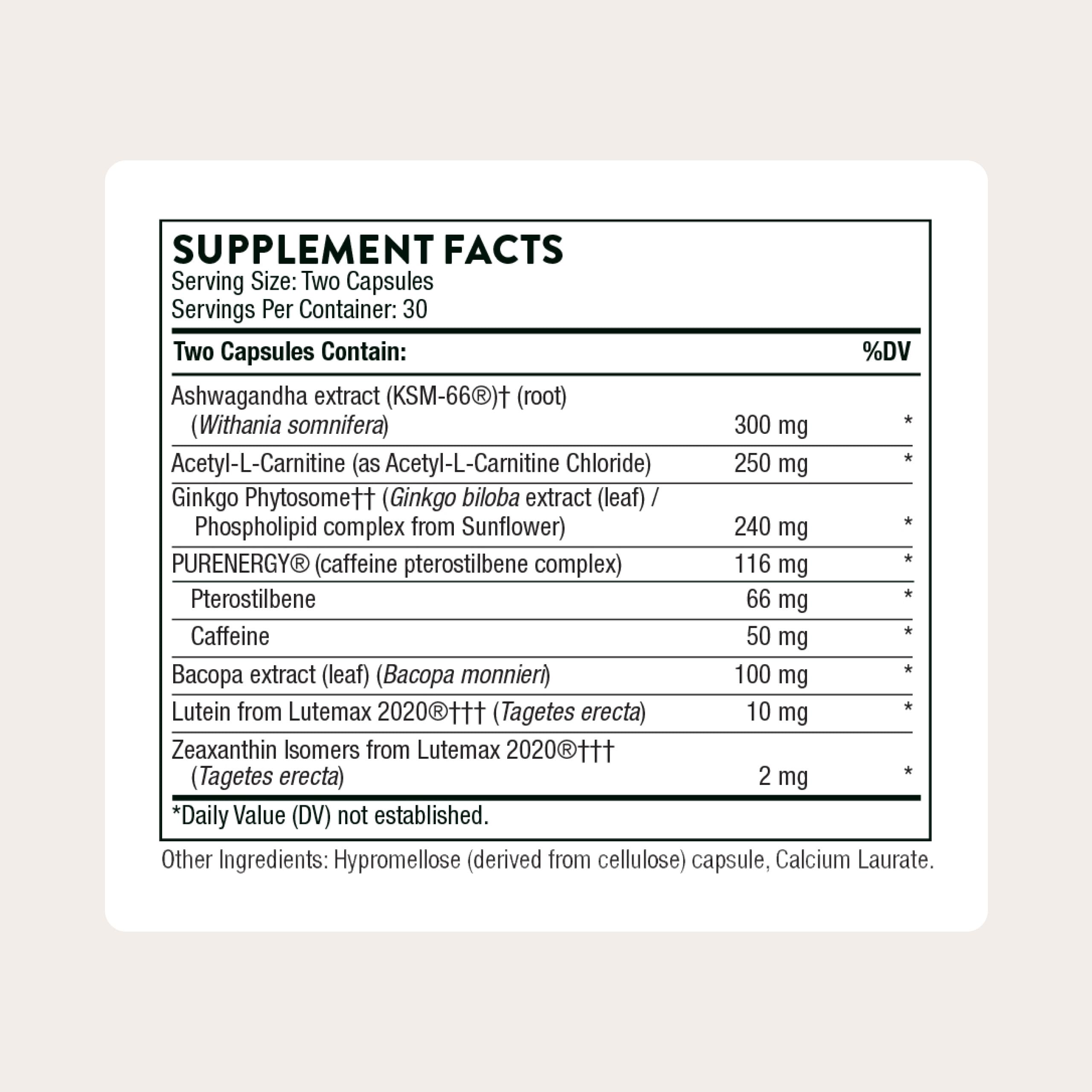 THORNE - Memoractiv - Nootropic Brain Supplement for Focus, Creativity, and Concentration - Ashwagandha, Ginkgo, Lutemax, Bacopa, Pterostilbene - Gluten-Free, Dairy-Free* - 60 Capsules - 30 Servings THORNE Au supplements