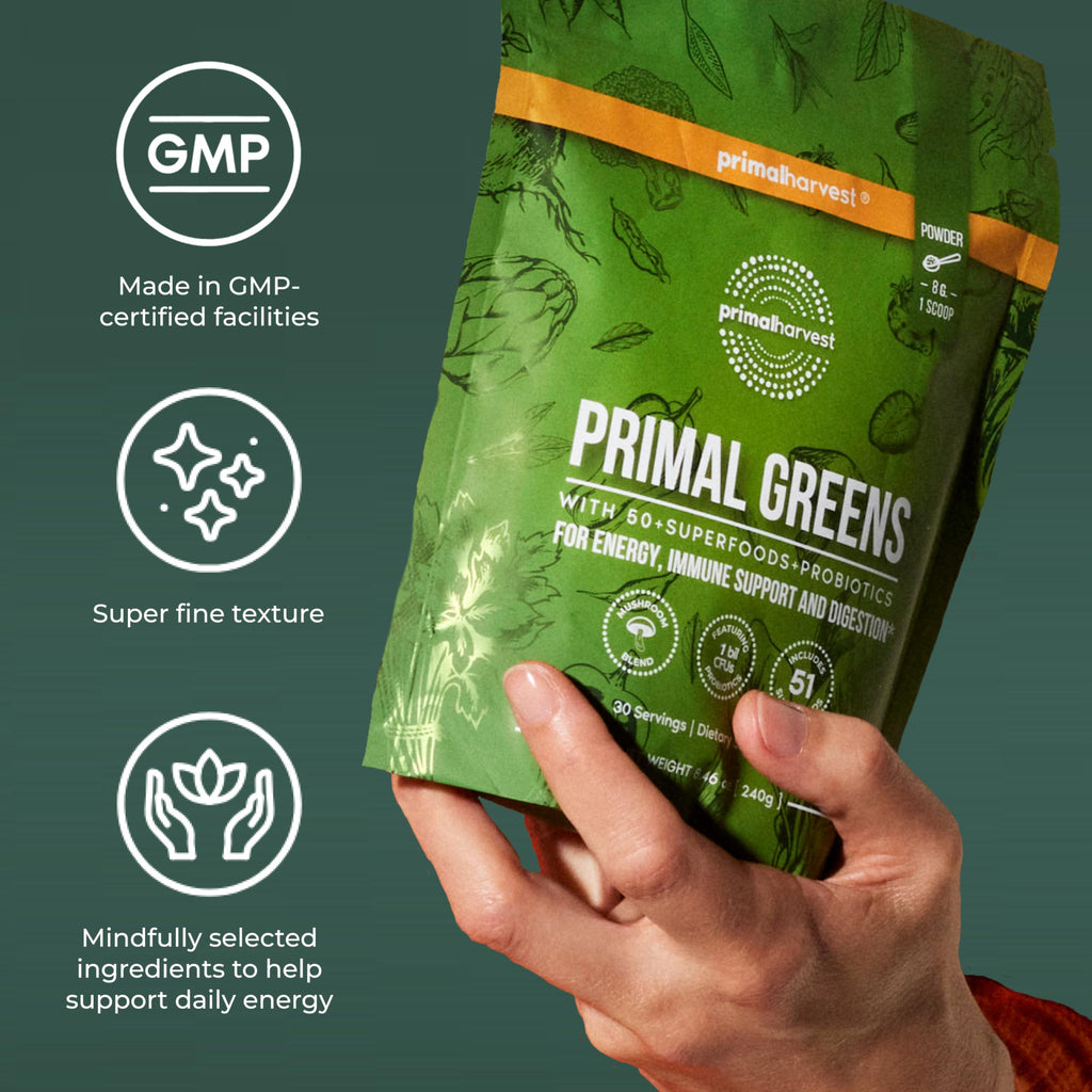Primal Harvest Super Greens Powder, 30 Servings w/+50 Greens Superfood Chlorella, Probiotics, Green Tea, Wheatgrass,