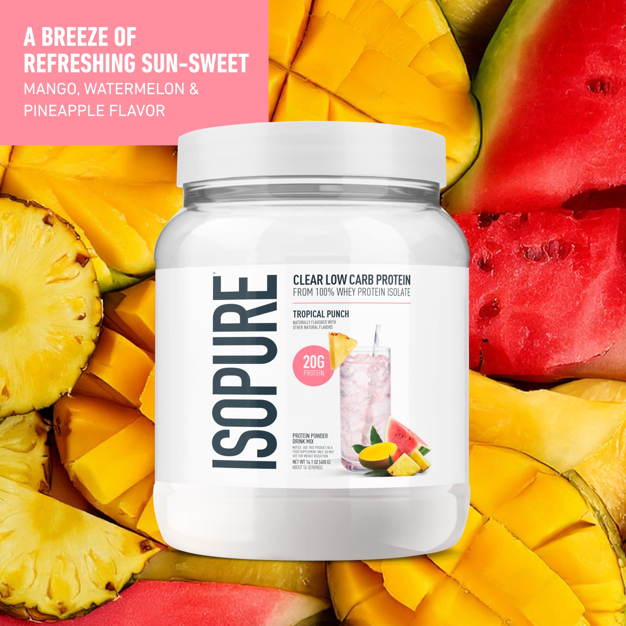 Isopure Clear Whey Isolate Protein Powder, Lactose Free, Gluten Free, Naturally Flavored, Tropical Punch, 20g Protein Per Serving, 14.1 Oz, 16 Servings (Packaging May Vary)