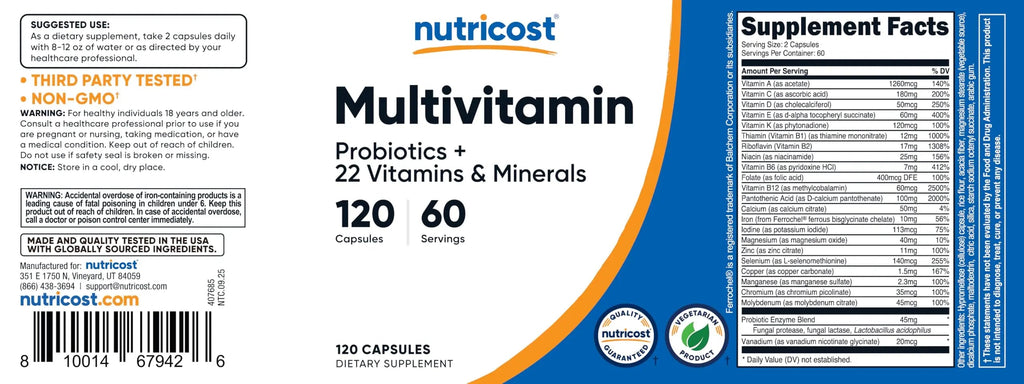 Nutricost Multivitamin with Probiotics 120 Vegetarian Capsules - Packed with Vitamins & Minerals Nutricost Au supplements